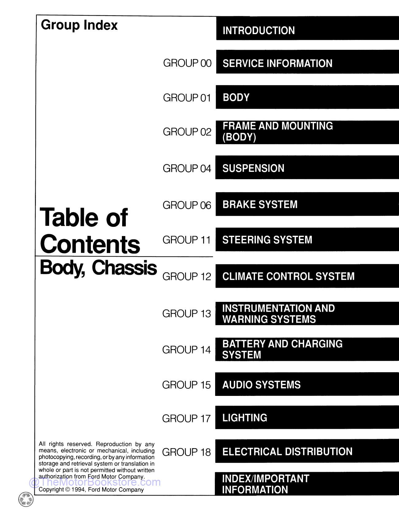 1995 Ford Econoline Service Manual  - Table of Contents 1