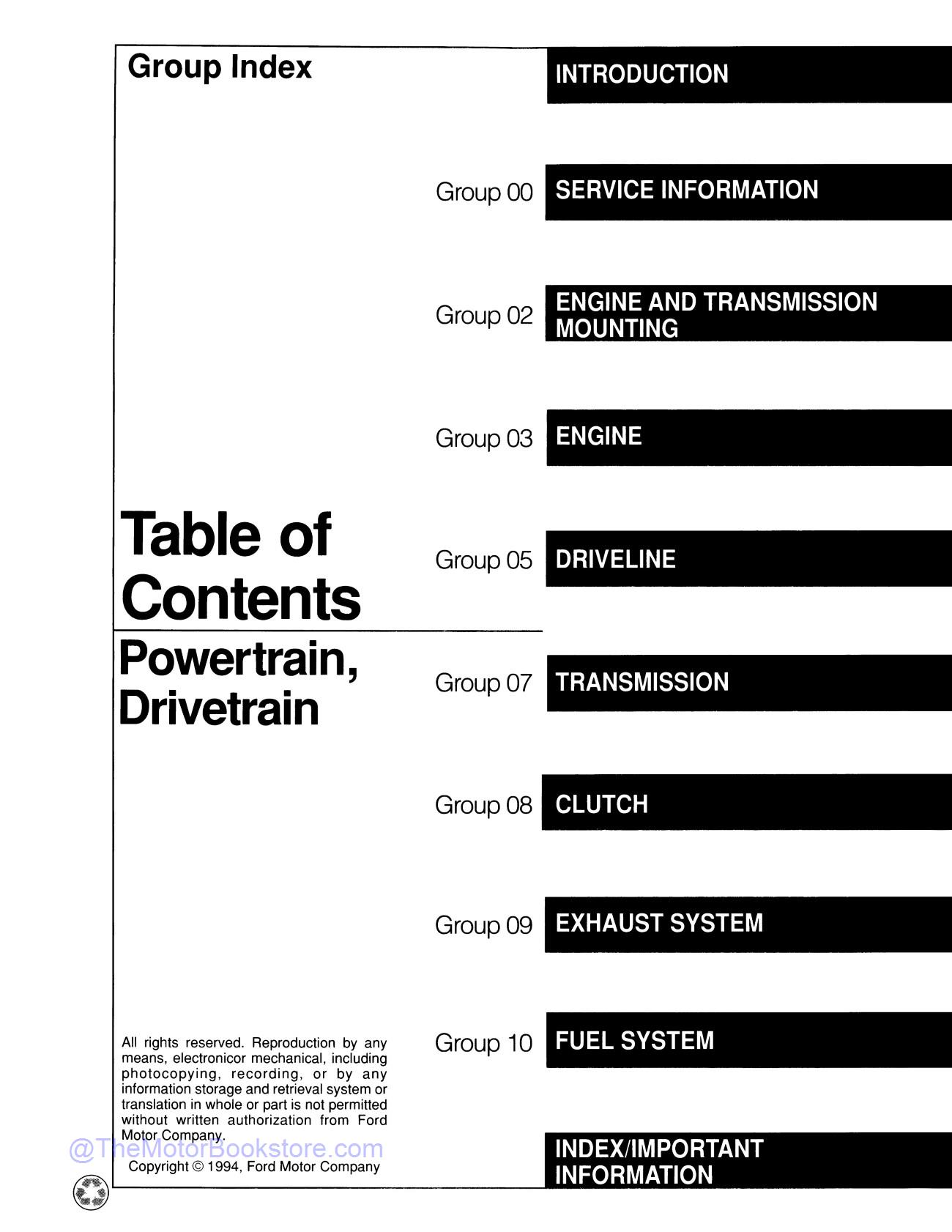 1995 Ford Econoline Service Manual  - Table of Contents 2