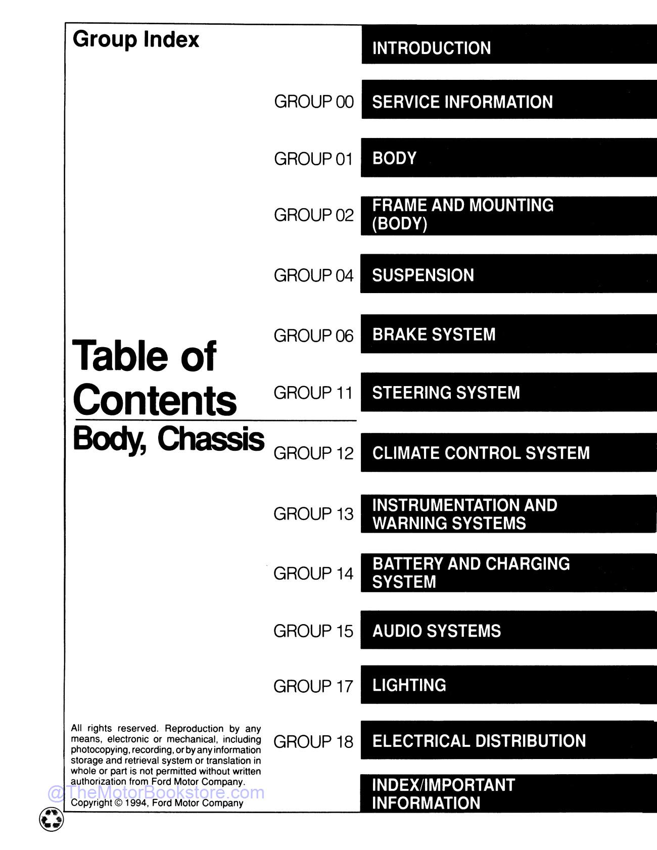 1995 Ford F-150 / F-250 / F-350 Truck, Bronco Service Manual  - Table of Contents 1