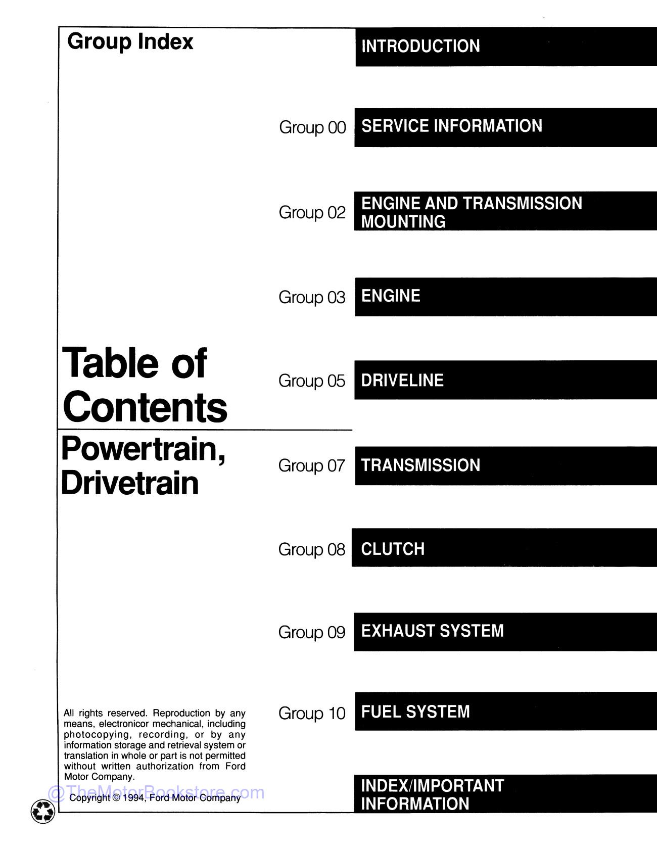 1995 Ford F-150 / F-250 / F-350 Truck, Bronco Service Manual  - Table of Contents 2