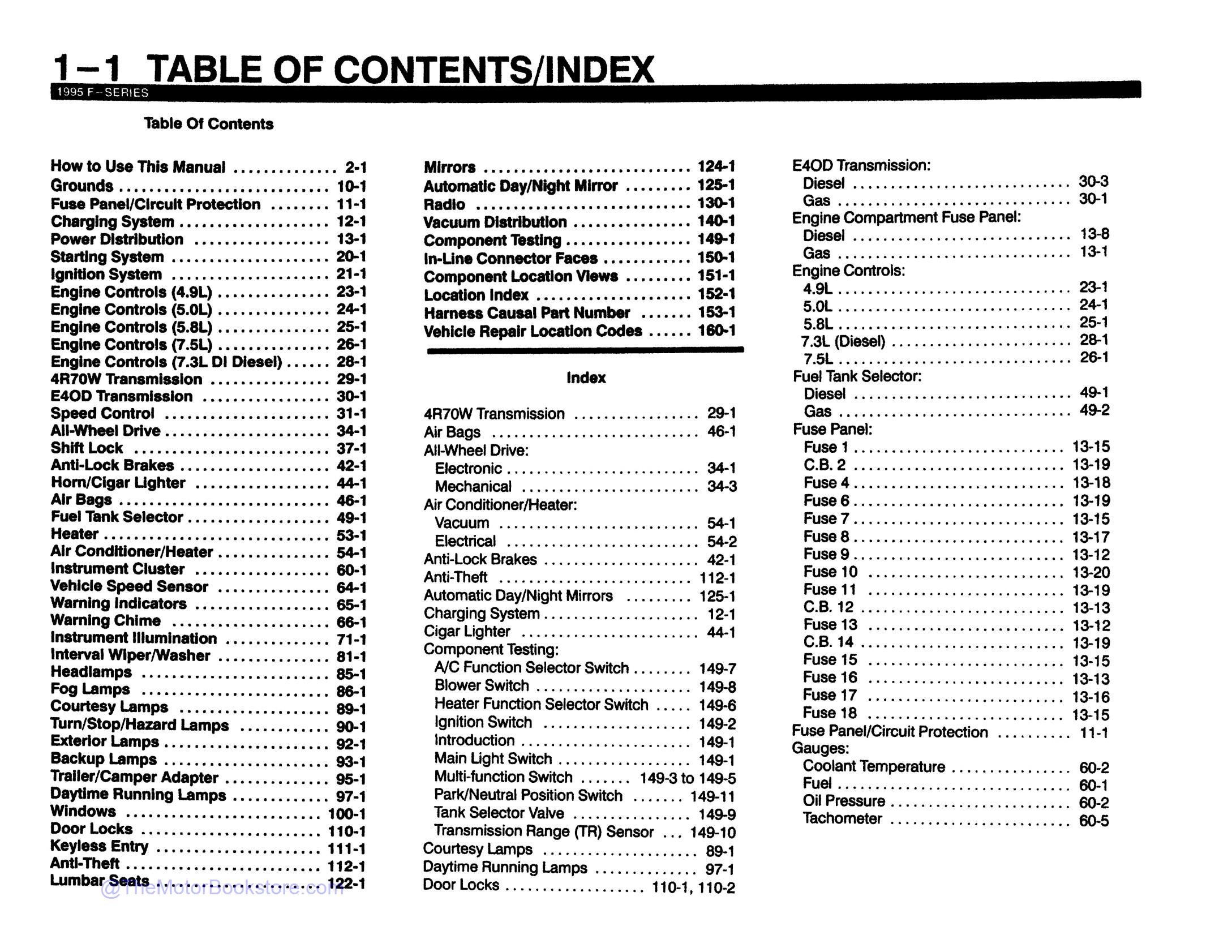 1995 Ford F-Series Truck Electrical Troubleshooting Manual  - Table of Contents 1