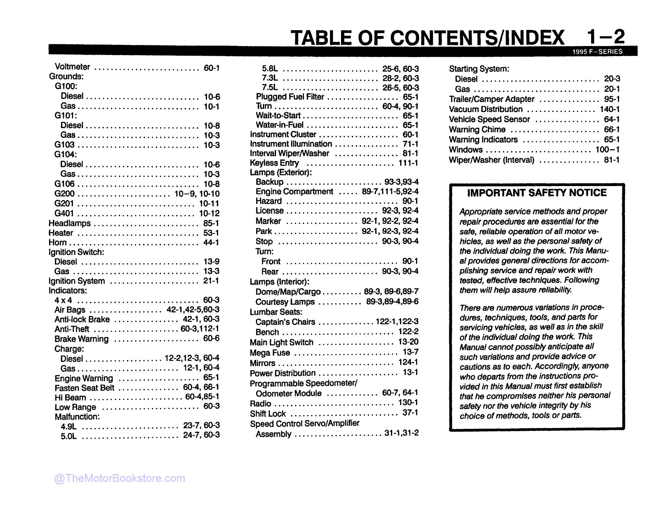 1995 Ford F-Series Truck Electrical Troubleshooting Manual  - Table of Contents 2