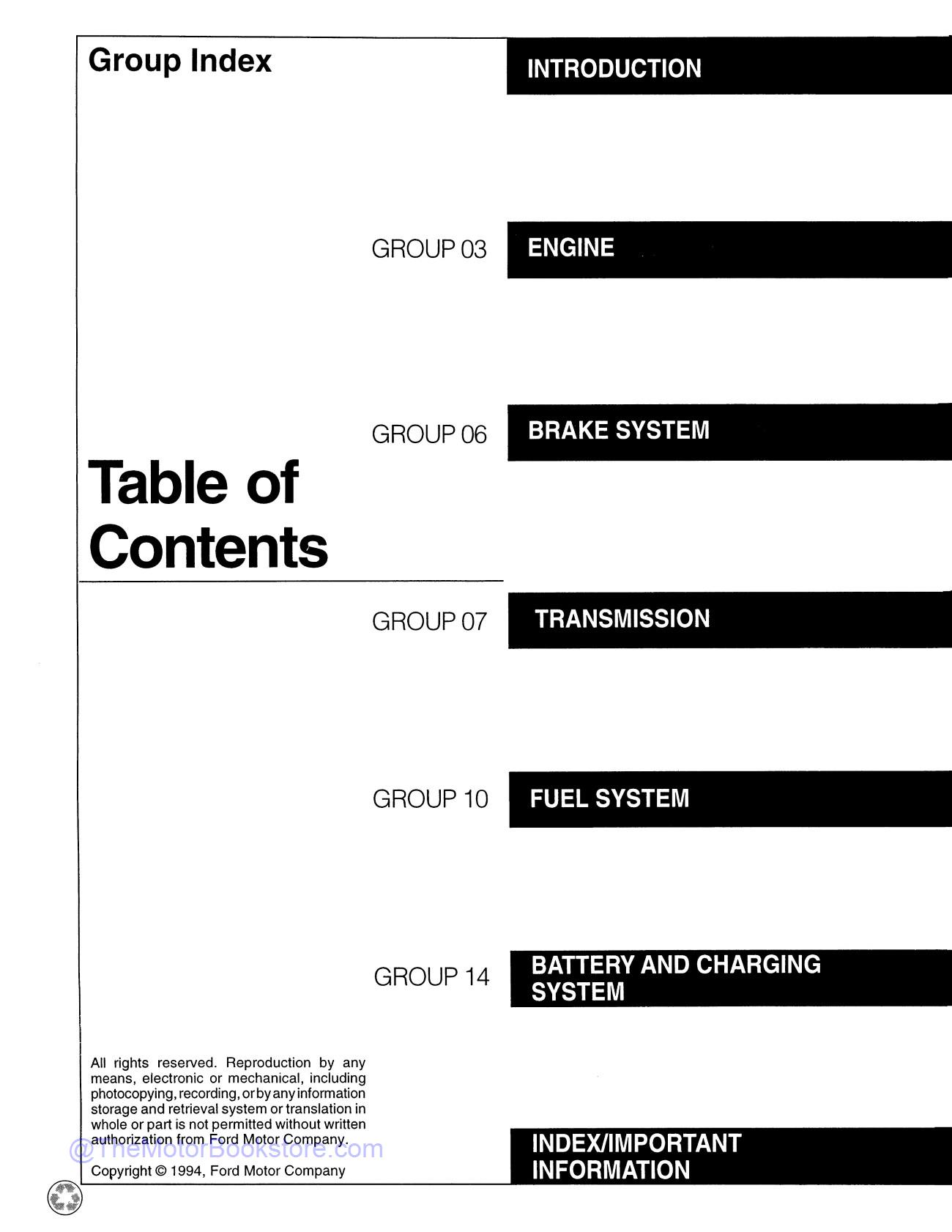 1995 Ford F-Series 7.3 Liter Diesel Service Manual Supplement  - Table of Contents