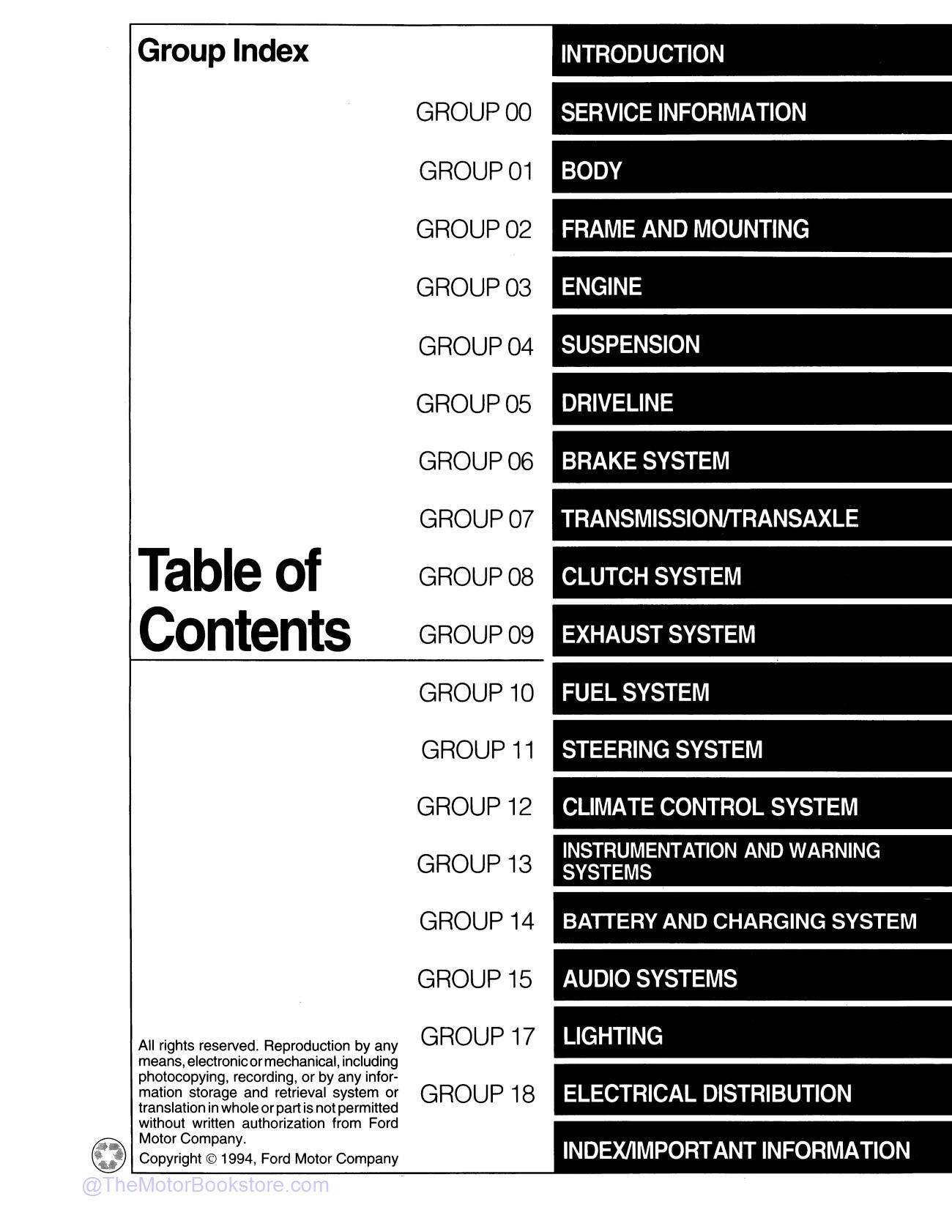 1995 Ford Mustang Service Manual  - Table of Contents