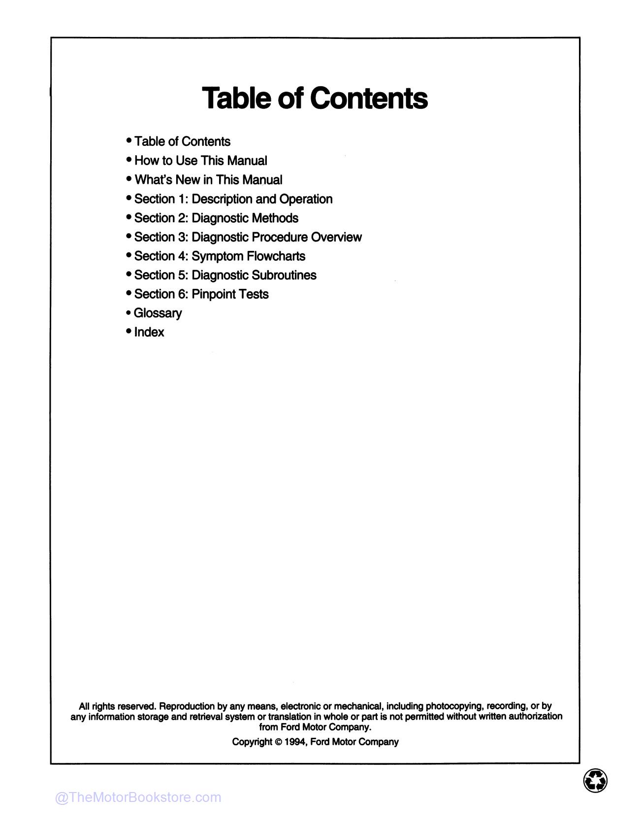 1995 Ford OBD-II Powertrain Control Emissions Diagnosis Service Manual  - Table of Contents