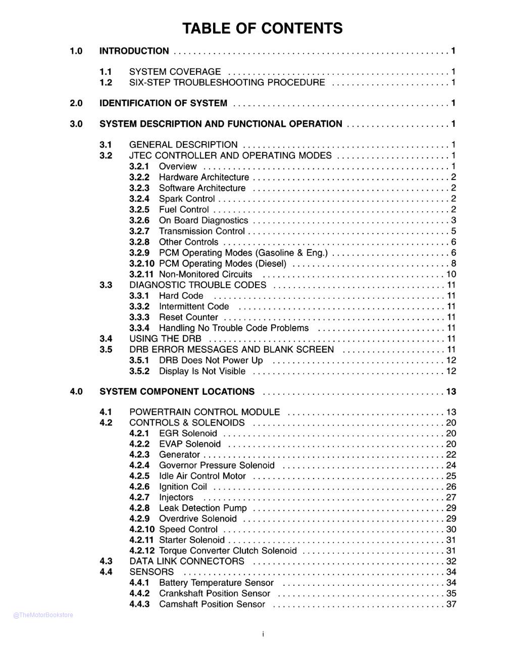 1996-1997 Dodge Truck Powertrain Diagnostic Procedures Manual  - Table of Contents 1