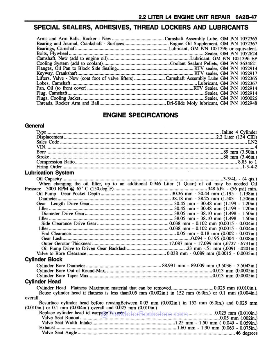 1996 Chevrolet & GMC S / T Truck Service Manual 2 Book Set - Sample Page 2 - Engine Specifications