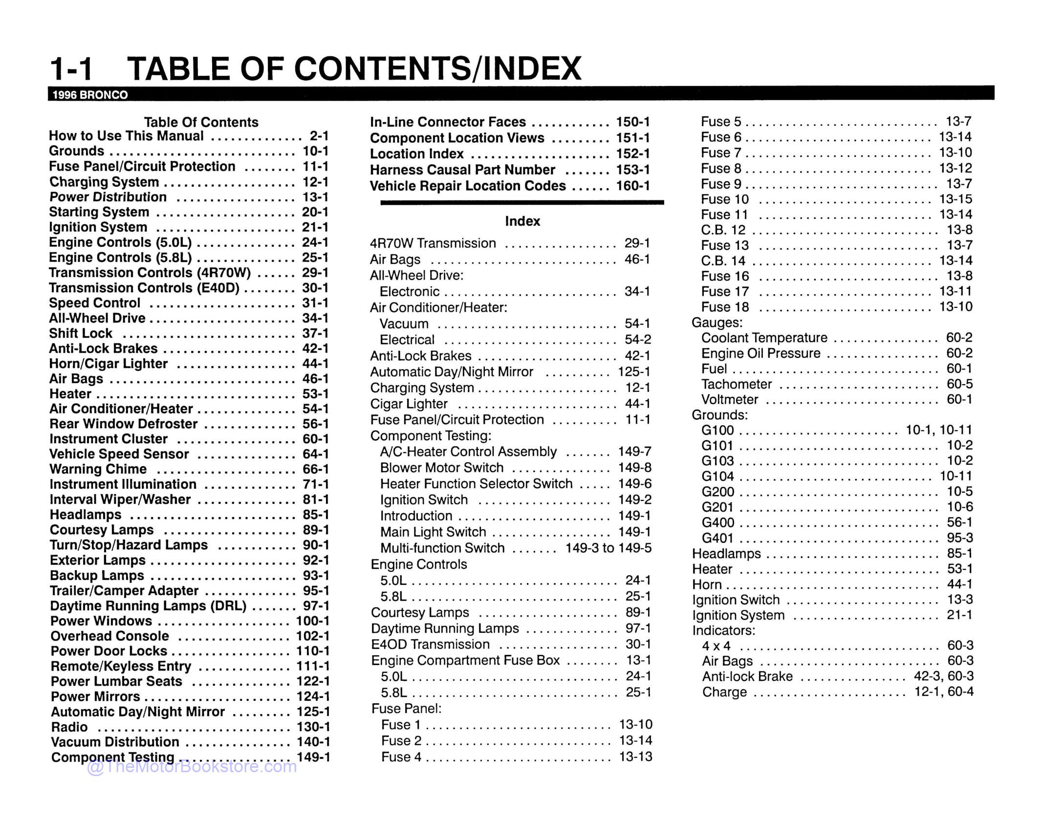 1996 Ford Bronco Electrical Vacuum Troubleshooting Manual  - Table of Contents 1