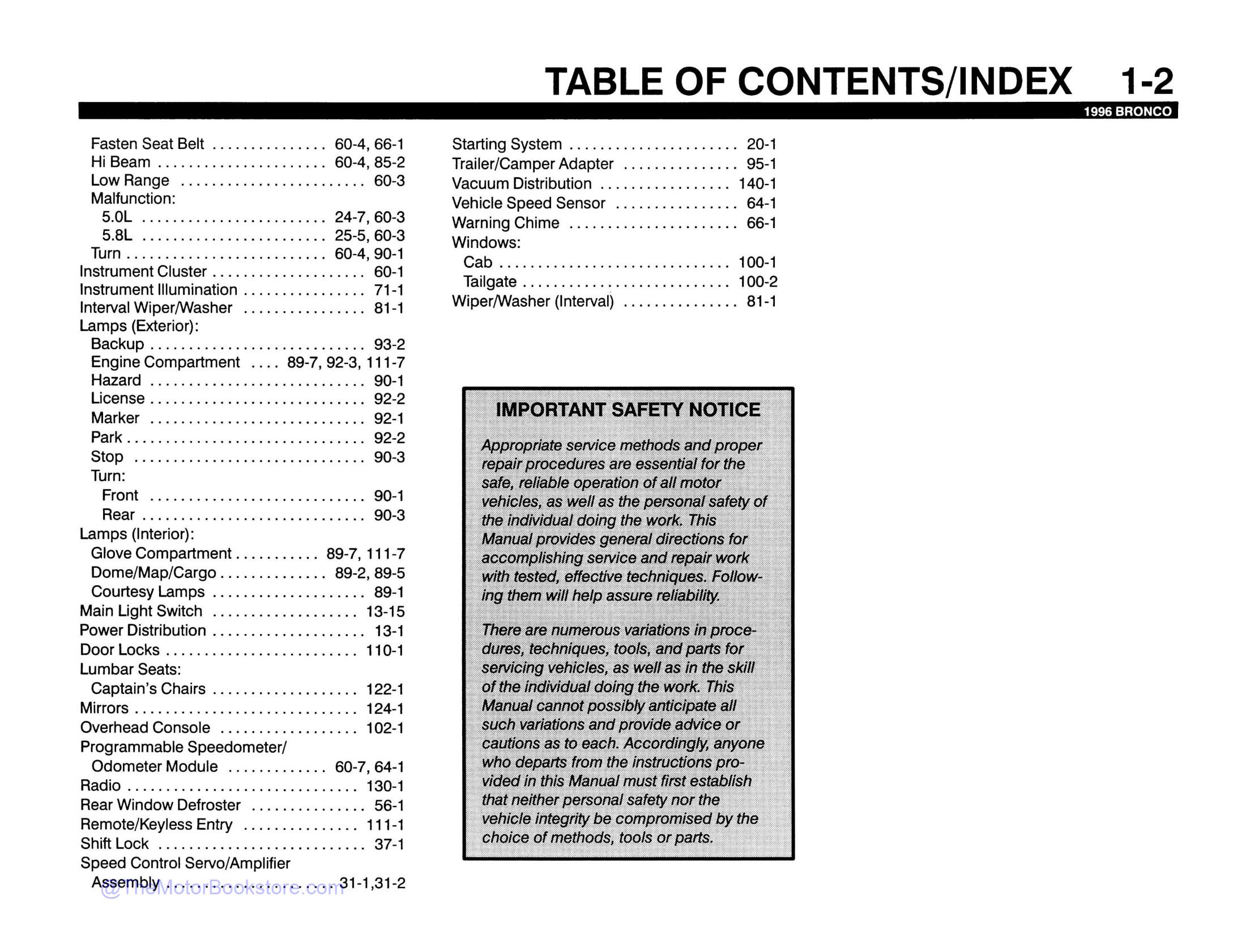 1996 Ford Bronco Electrical Vacuum Troubleshooting Manual  - Table of Contents 2