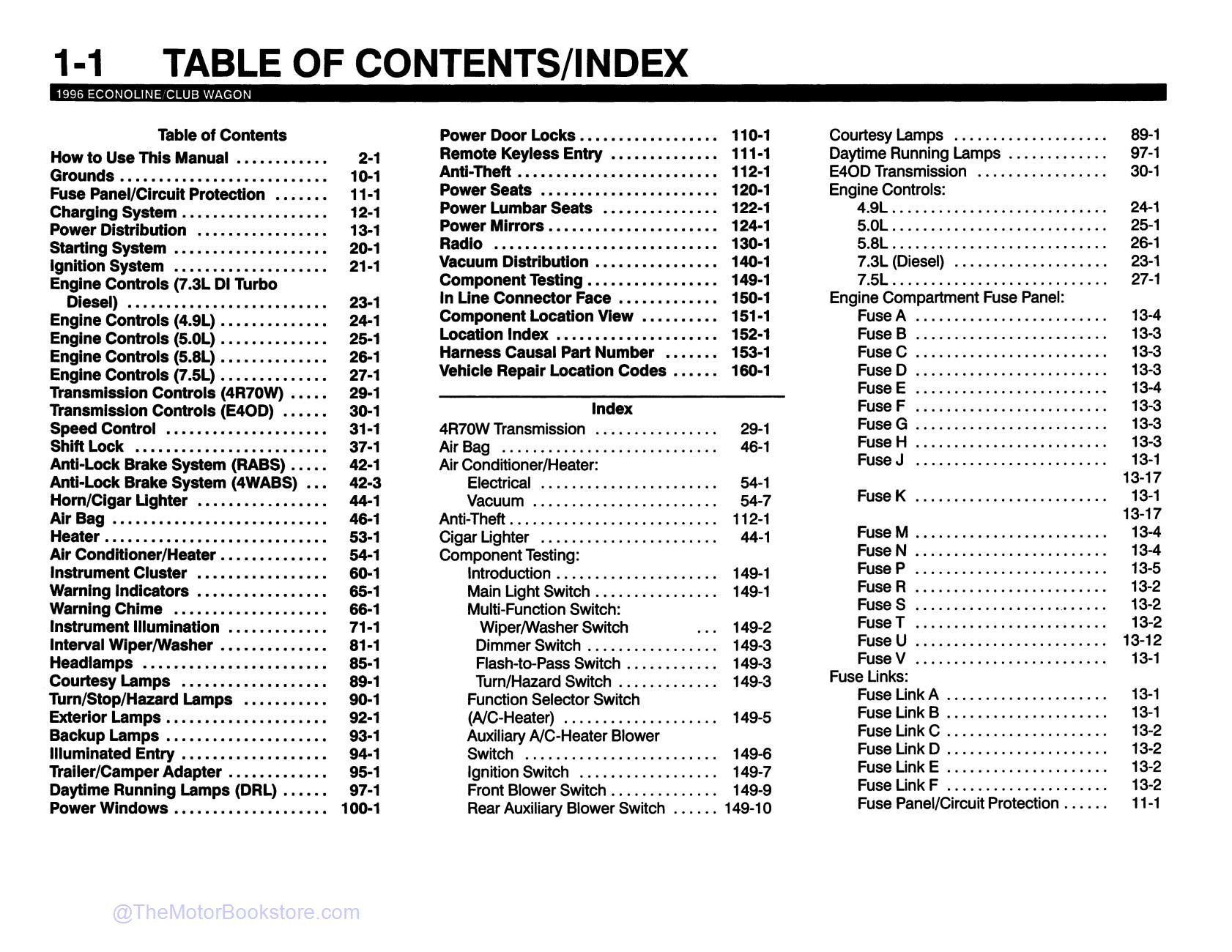 1996 Ford Econoline Electrical and Vacuum Troubleshooting Manual  - Table of Contents 1