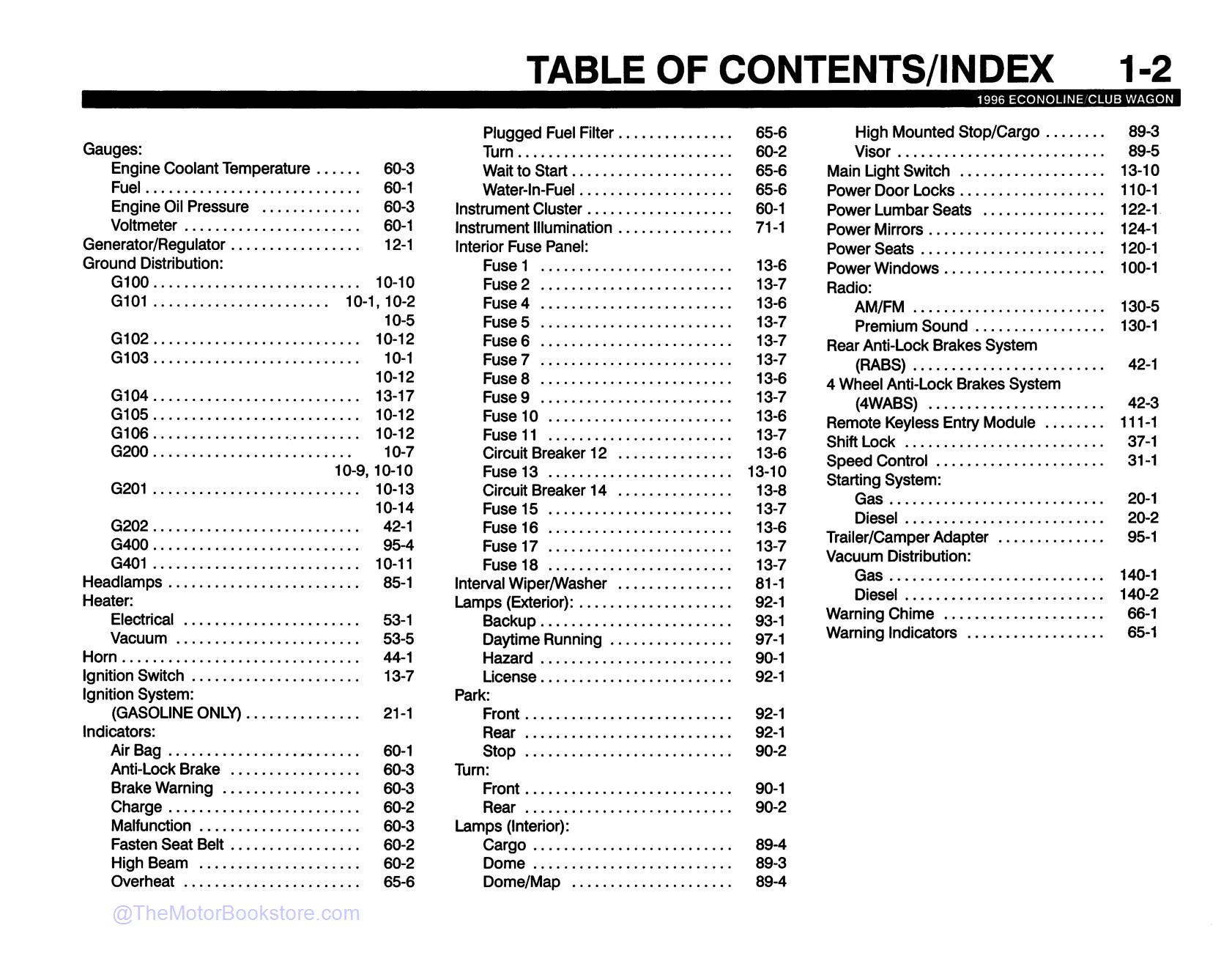 1996 Ford Econoline Electrical and Vacuum Troubleshooting Manual  - Table of Contents 2