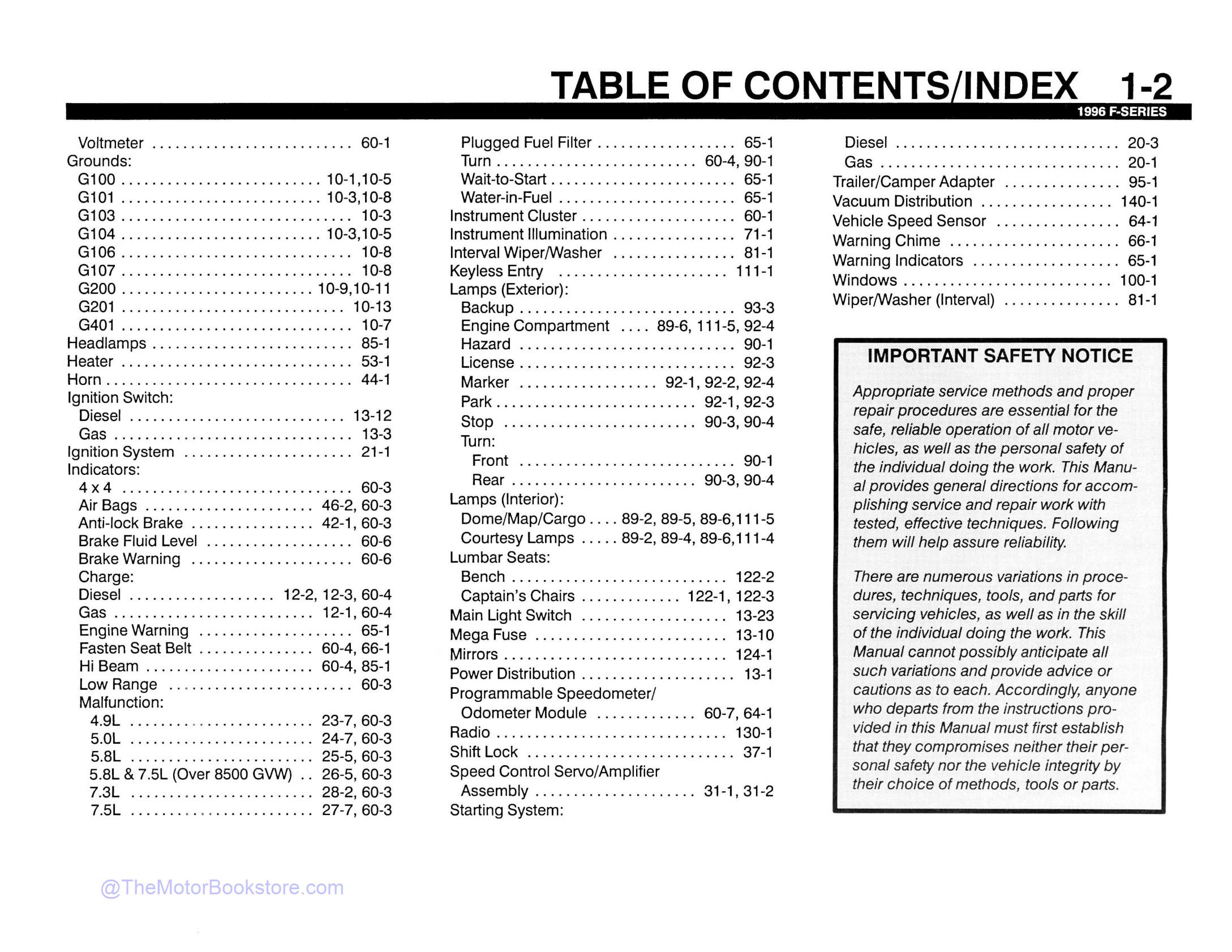 1996 Ford F-150-450 Truck Electrical Troubleshooting Manual  - Table of Contents 2