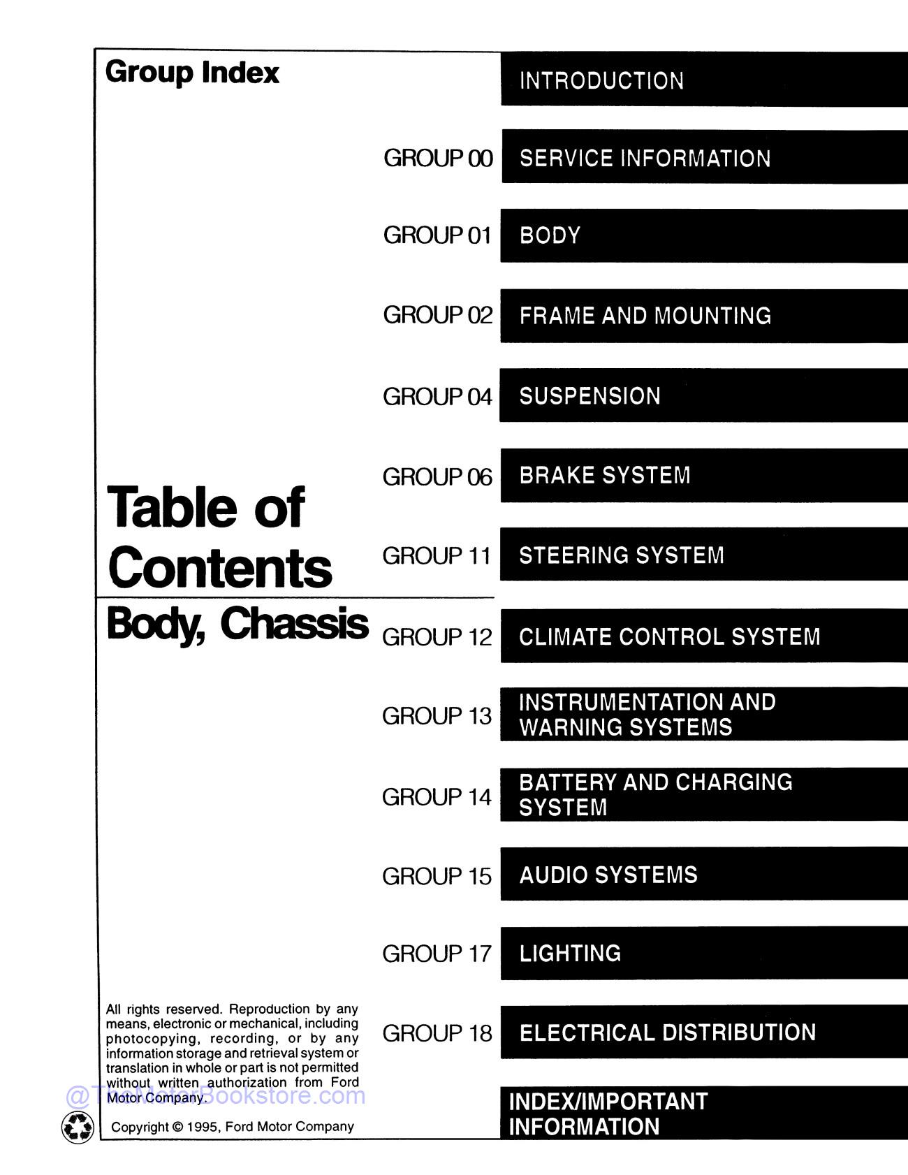 1996 Ford F-150 / F-250 / F-350 Truck, Bronco Service Manual  - Table of Contents 1