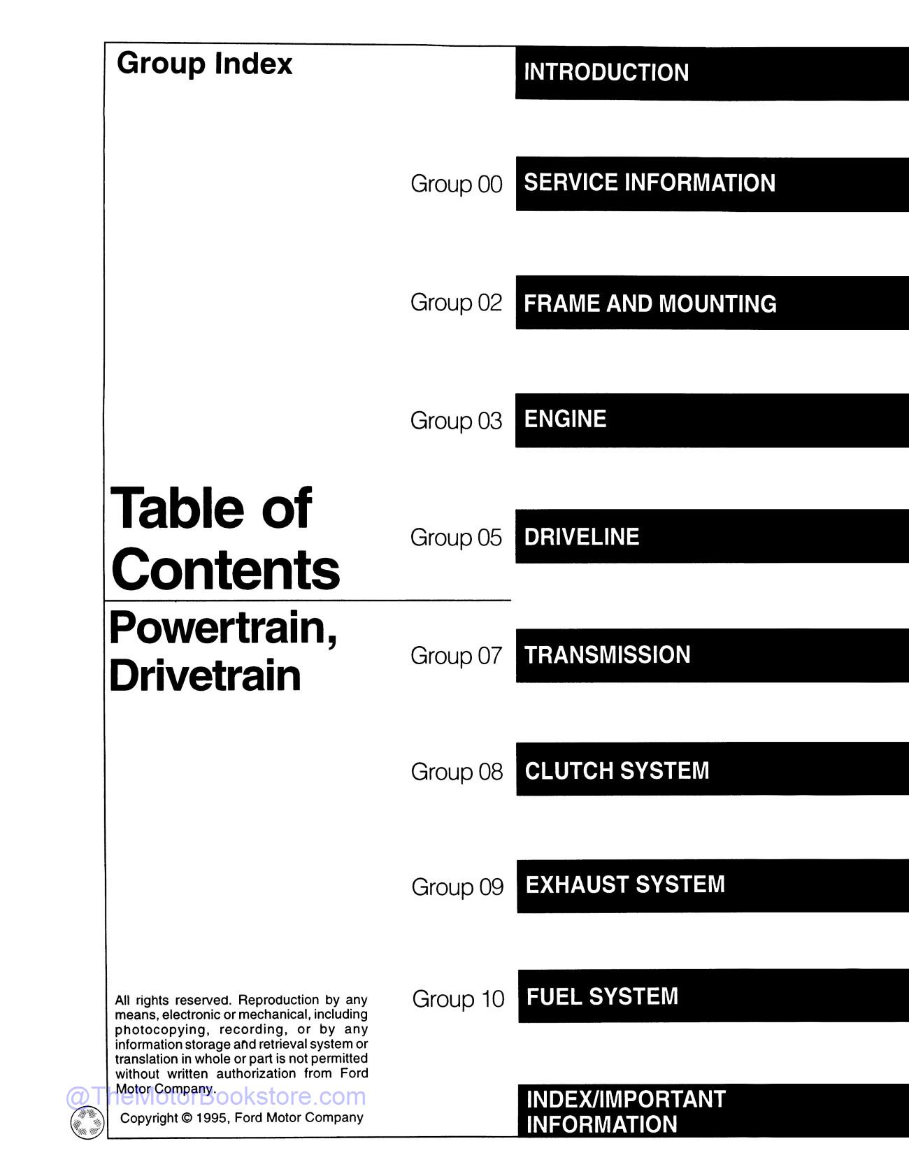 1996 Ford F-150 / F-250 / F-350 Truck, Bronco Service Manual  - Table of Contents 2