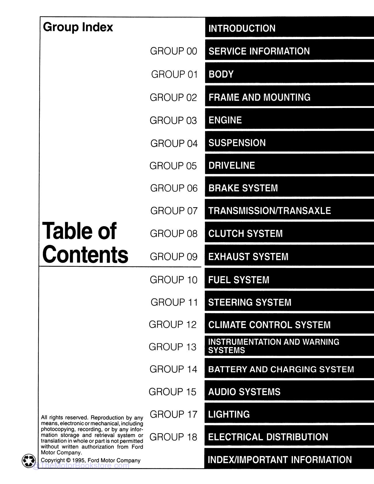 1996 Ford Mustang Service Manual  - Table of Contents