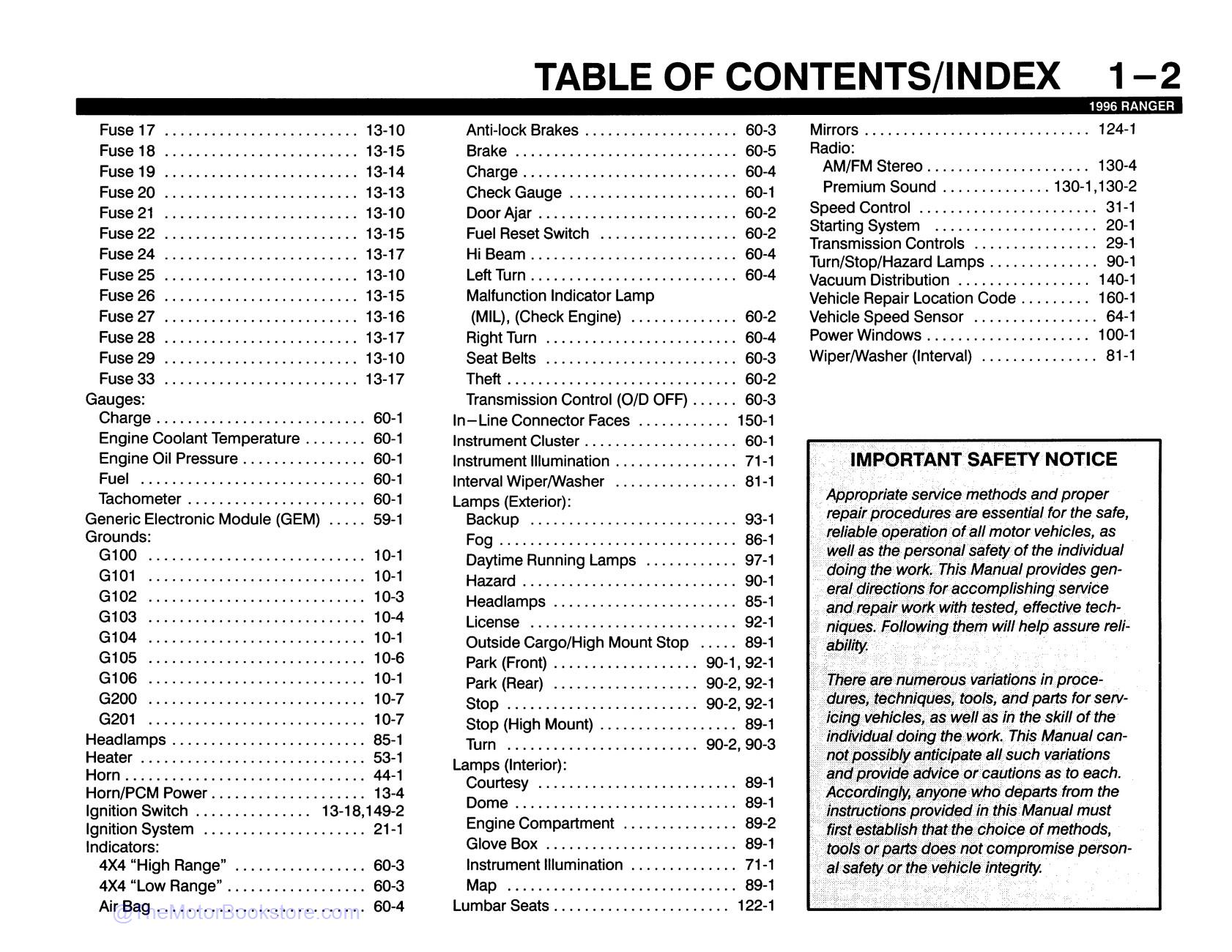 1996 Ford Ranger Electrical and Vacuum Troubleshooting Manual  - Table of Contents 2
