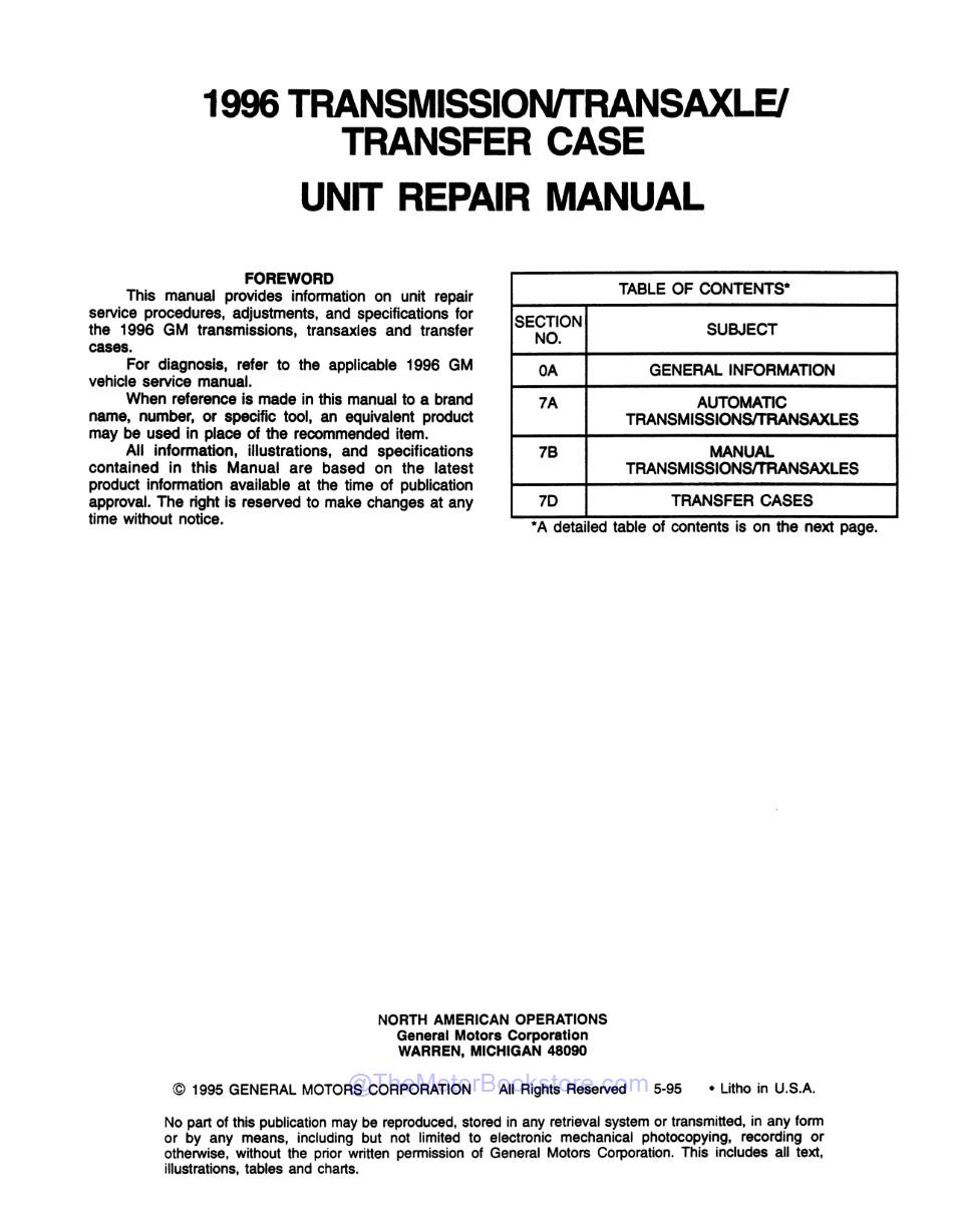 1996 GM Car & Truck Transmission, Transaxle & Transfer Case Overhaul Manual  - Table of Contents 1