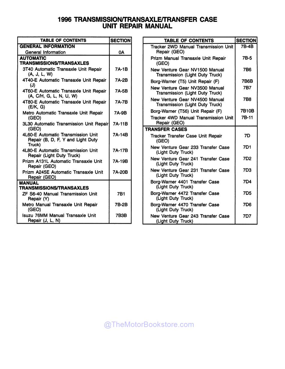 1996 GM Car & Truck Transmission, Transaxle & Transfer Case Overhaul Manual  - Table of Contents 2