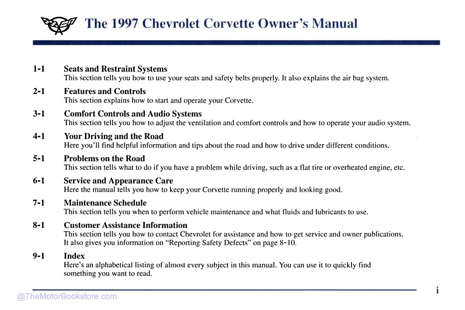 1997 Chevrolet Corvette Owner's Manual - Table of Contents