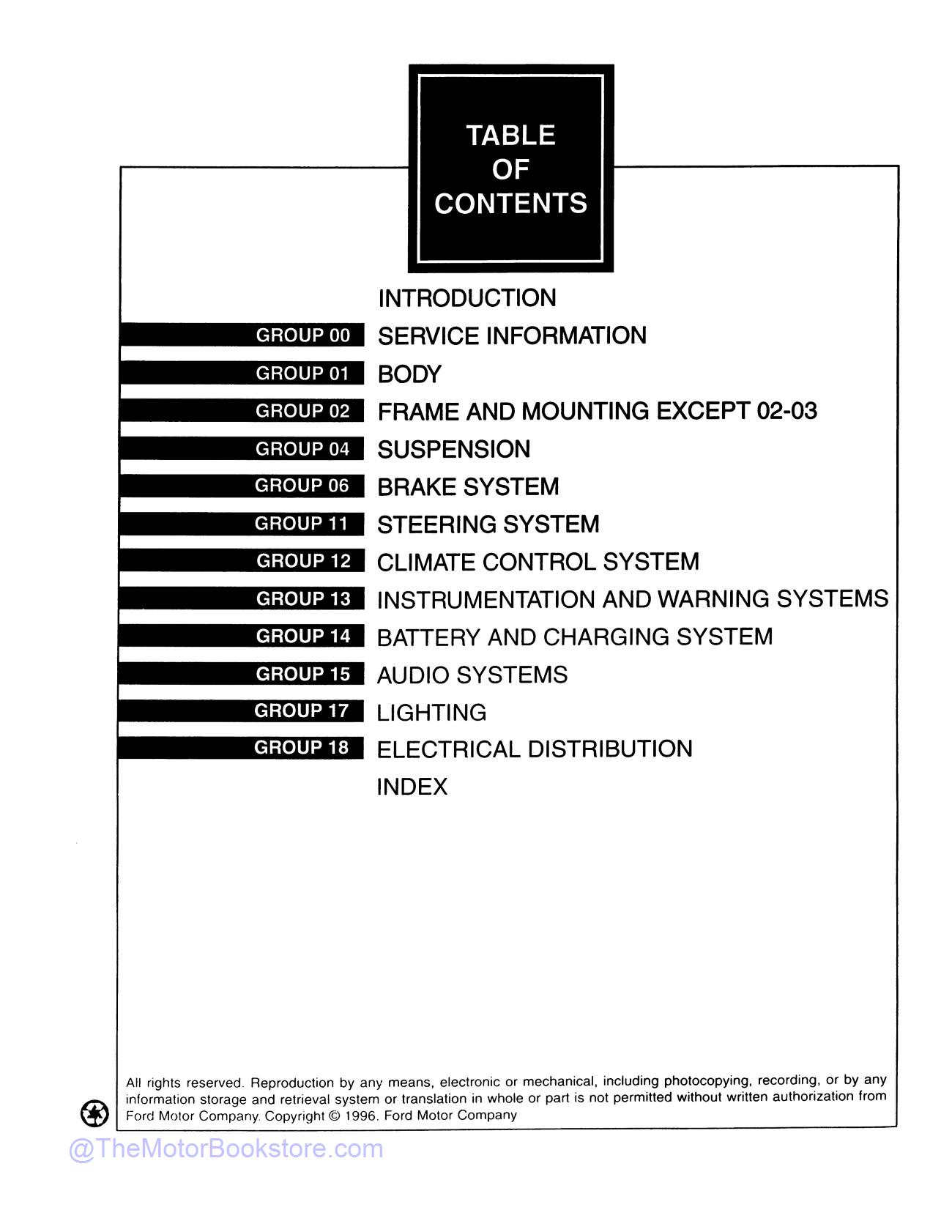 1997 Ford Ranger, Aerostar Service Manual  - Table of Contents 1