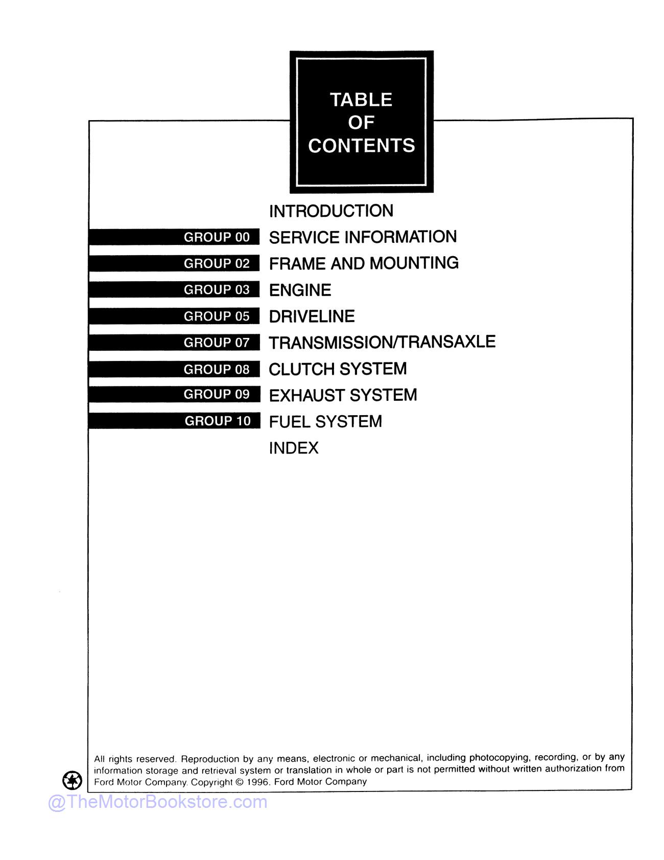 1997 Ford Ranger, Aerostar Service Manual  - Table of Contents 2