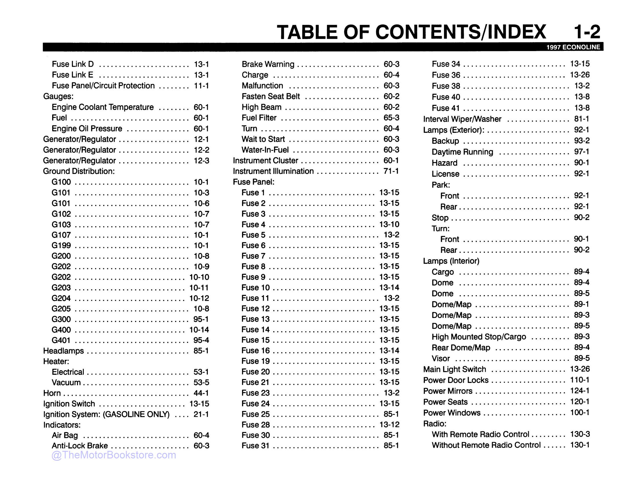 1997 Ford Econoline Electrical Troubleshooting Manual  - Table of Contents 2