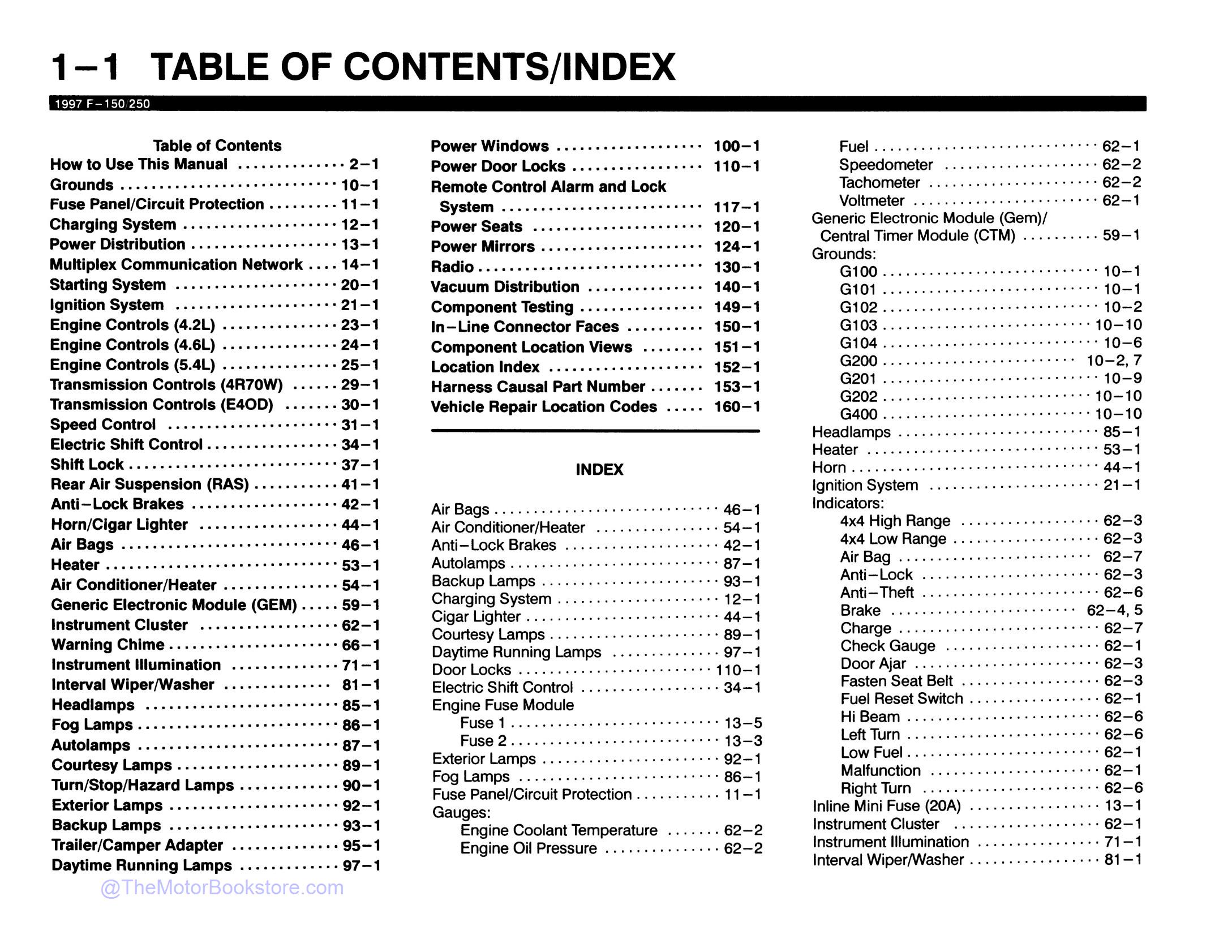 1997 Ford F-150, F-250 Electrical Troubleshooting Manual  - Table of Contents 1