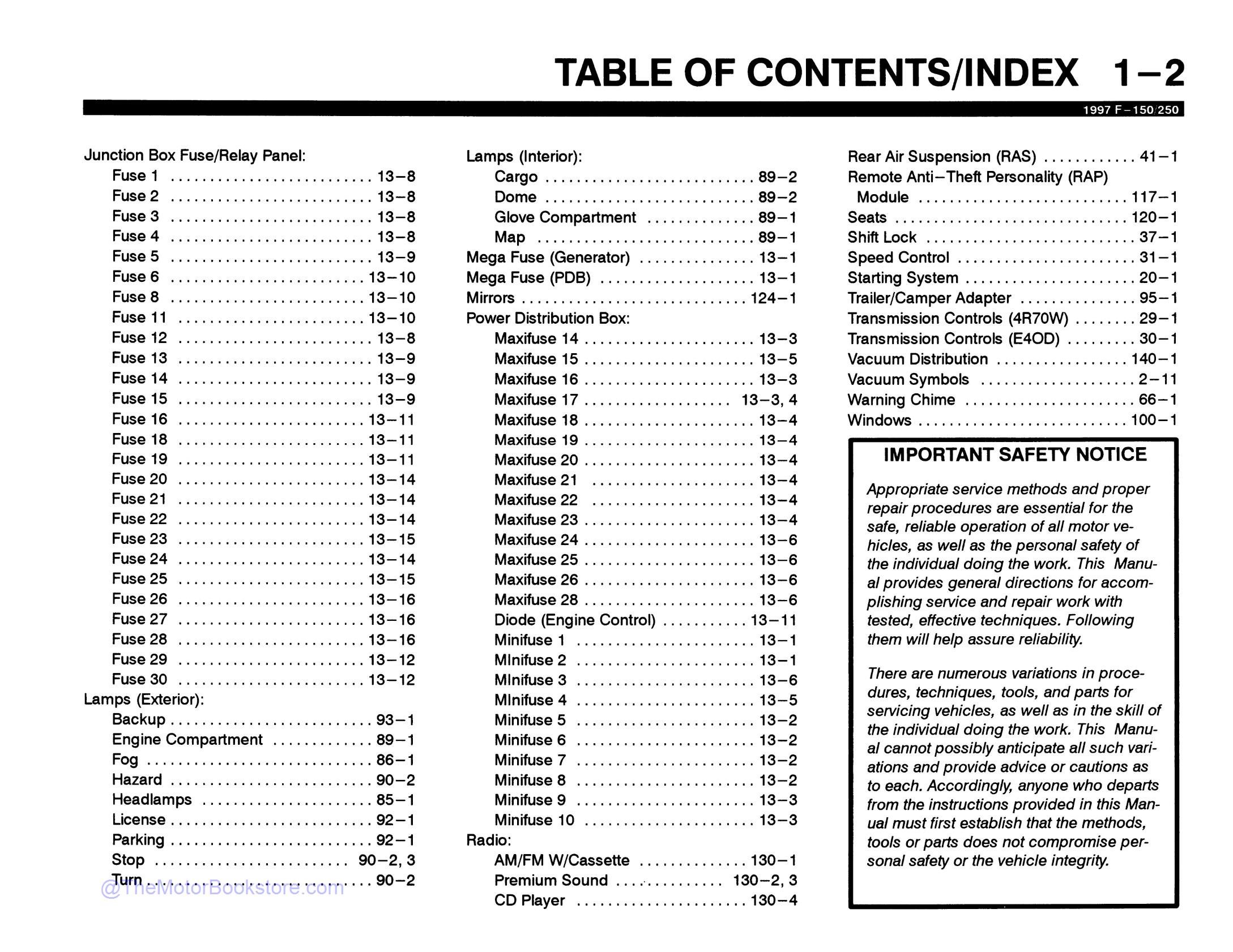 1997 Ford F-150, F-250 Electrical Troubleshooting Manual  - Table of Contents 2