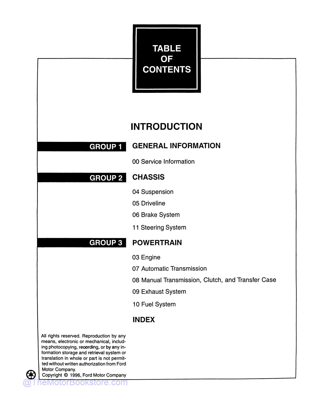 1997 Ford F-150, F-250 Truck Service Manual  - Table of Contents 1