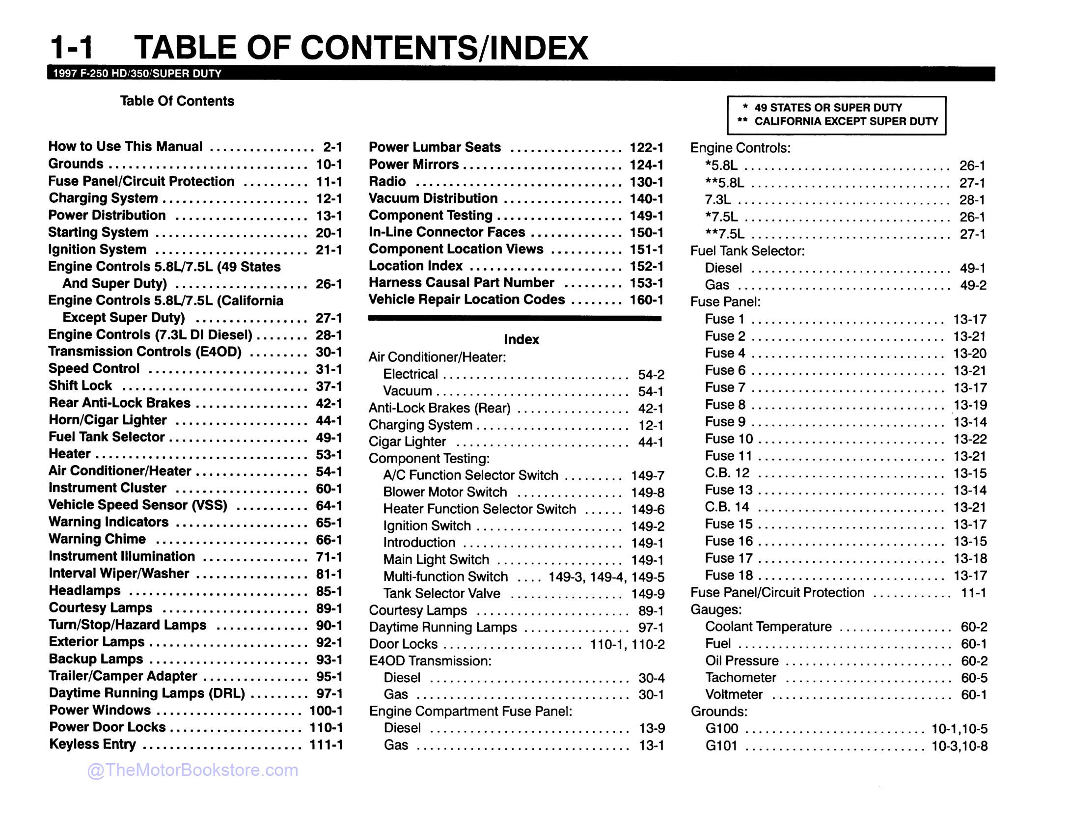 1997 Ford F-250 HD, F-350, F-Super Duty Electrical Manual  - Table of Contents 1