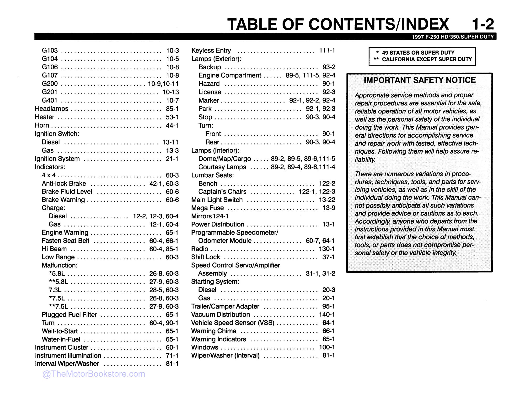 1997 Ford F-250 HD, F-350, F-Super Duty Electrical Manual  - Table of Contents 2