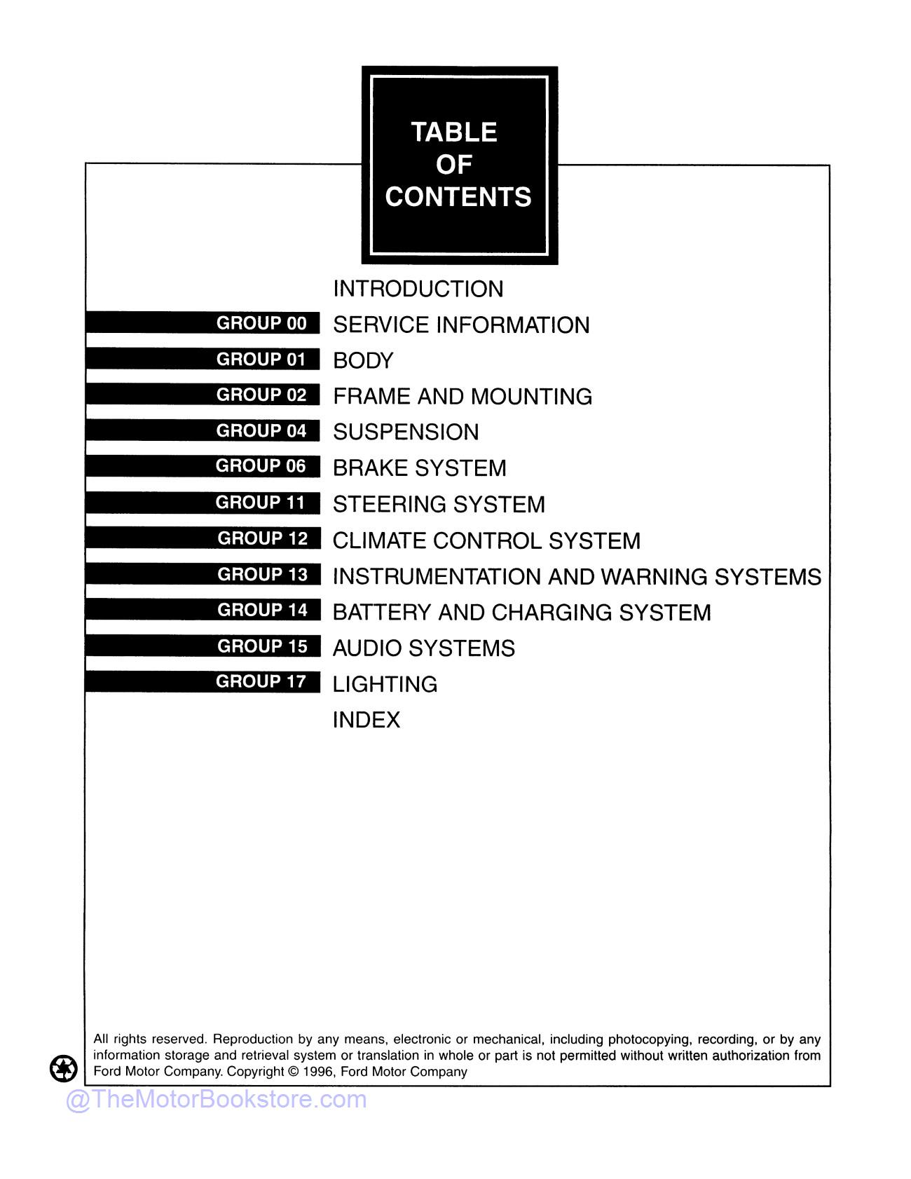 1997 Ford F-250 HD, F-350, F-Super Duty Service Manual  - Table of Contents 1