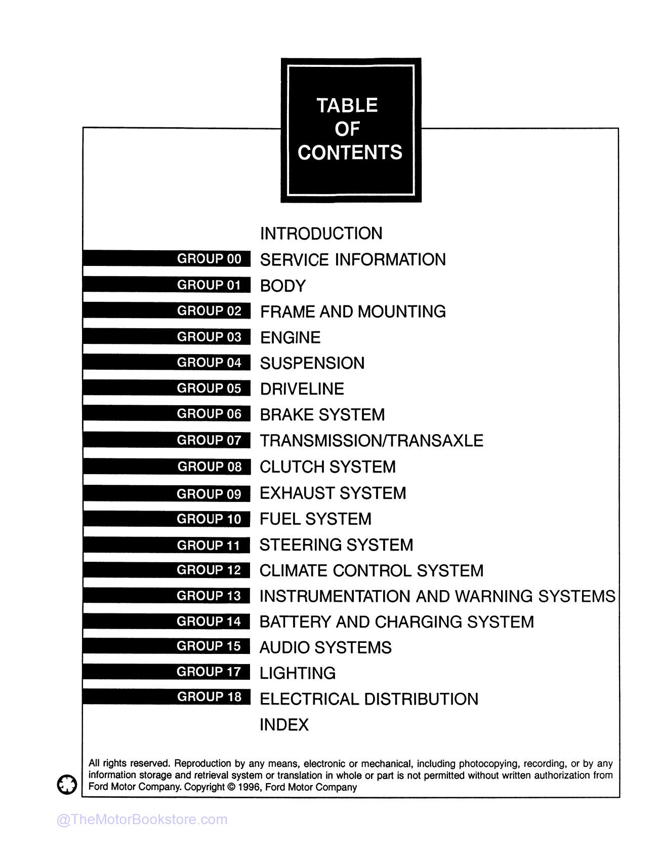 1997 Ford Mustang Service Manual  - Table of Contents