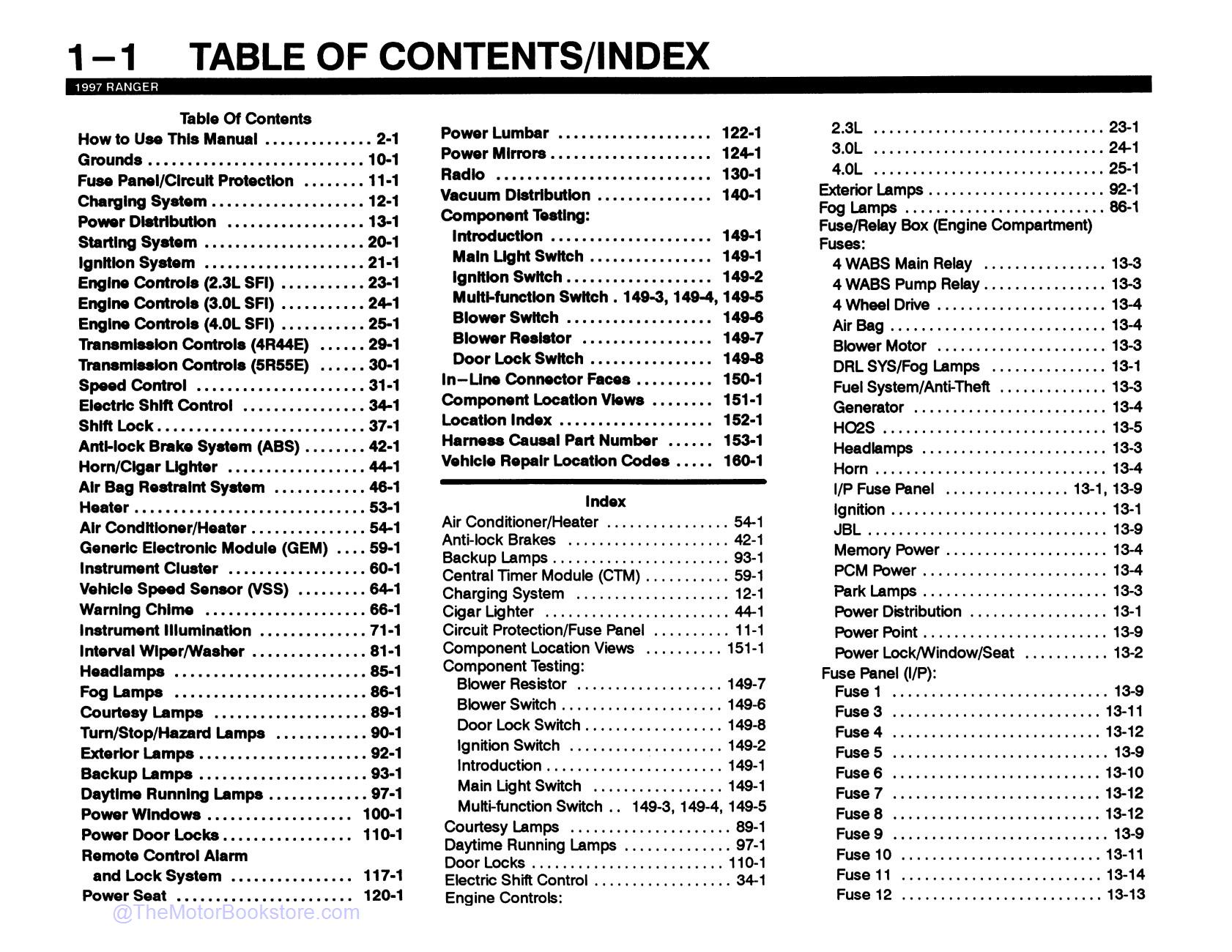 1997 Ford Ranger Electrical and Vacuum Troubleshooting Manual  - Table of Contents 1