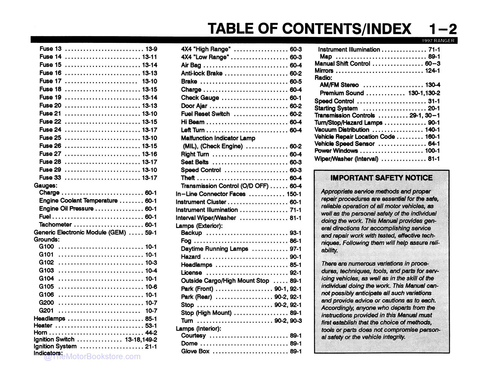 1997 Ford Ranger Electrical and Vacuum Troubleshooting Manual  - Table of Contents 2