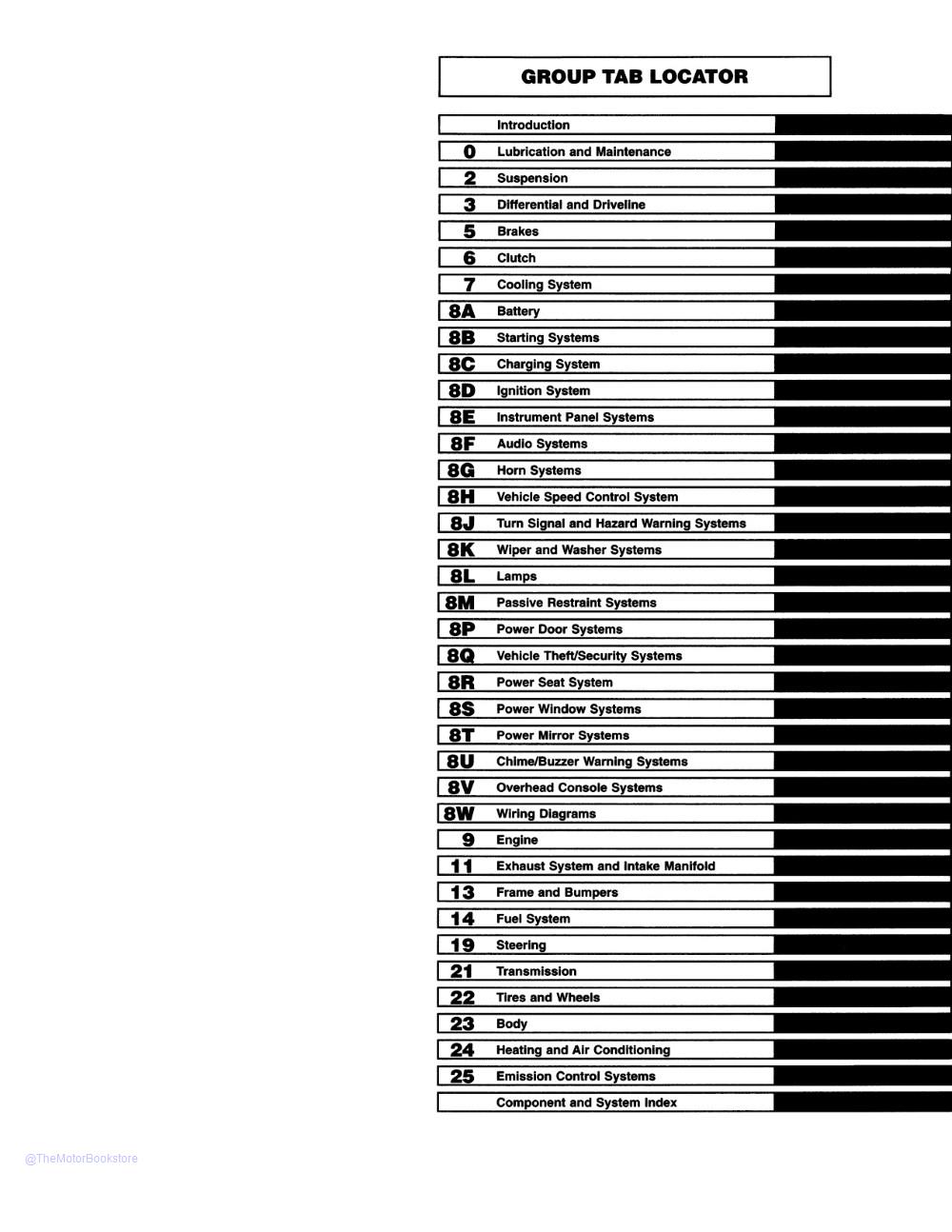 1998 Dodge Dakota Truck Shop Manual  - Table of Contents