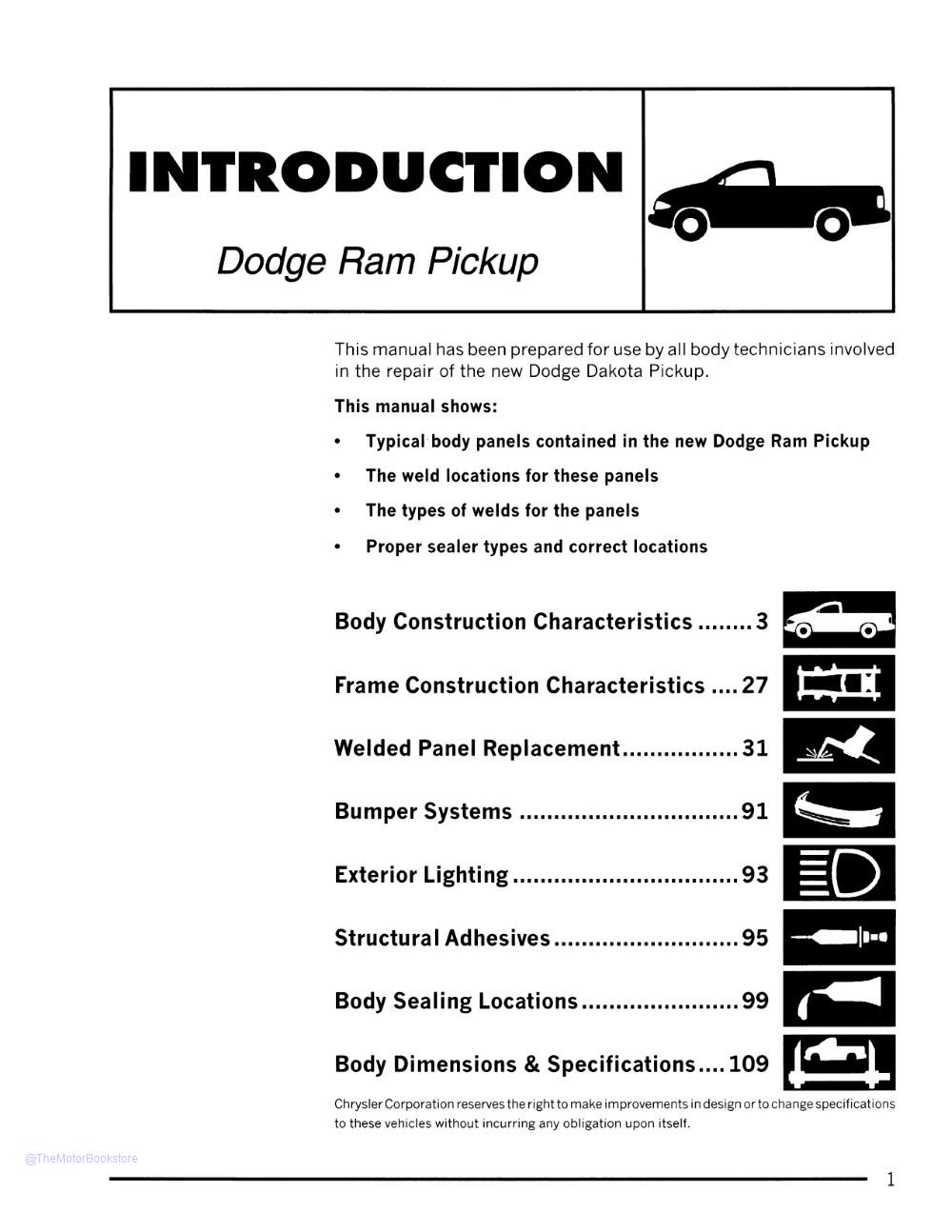 1998 Dodge Ram Truck 1500-3500 Dimensions, Joint, and Seams Manual Supplement  - Table of Contents