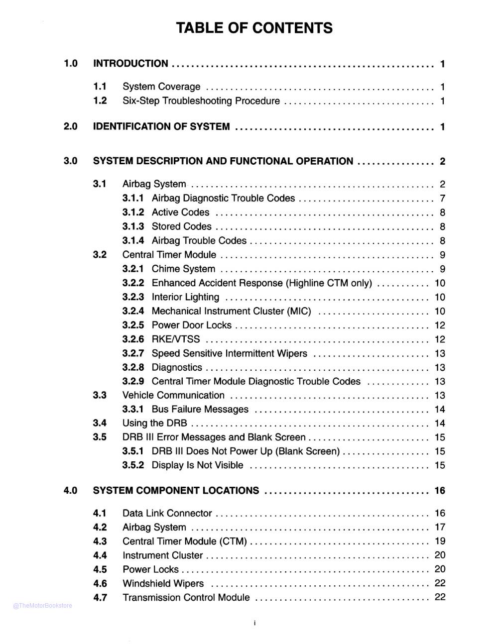 1998 Dodge Ram Truck Body Repair Shop Manual  - Table of Contents 1