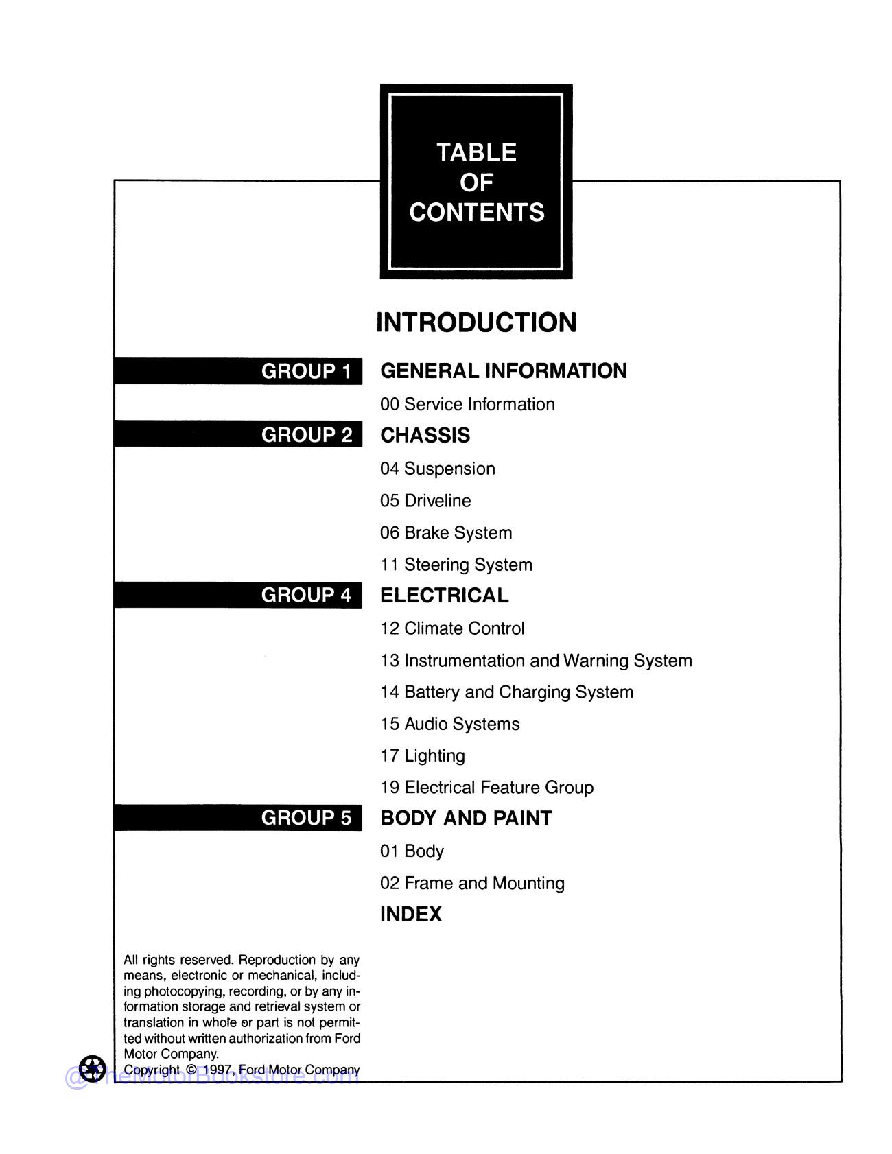 1998 Ford Econoline Workshop Repair Manual  - Table of Contents 1