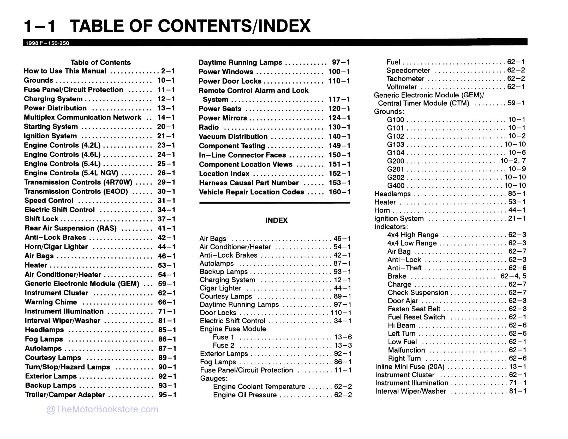 1998 Ford F-150, F-250 Electrical Troubleshooting Manual  - Table of Contents 1