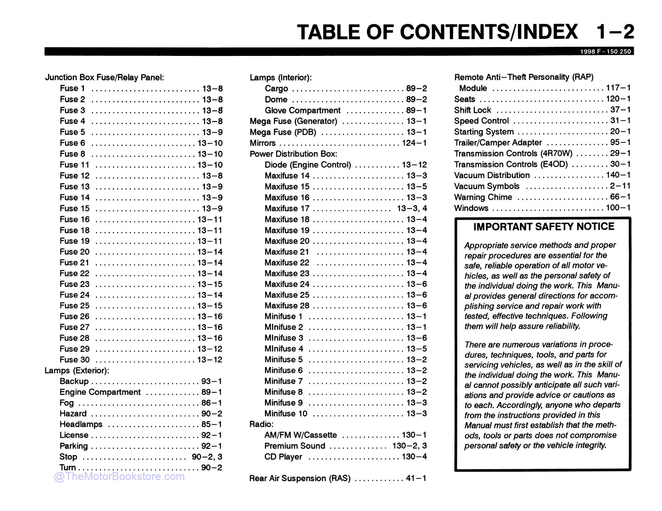 1998 Ford F-150, F-250 Electrical Troubleshooting Manual  - Table of Contents 2