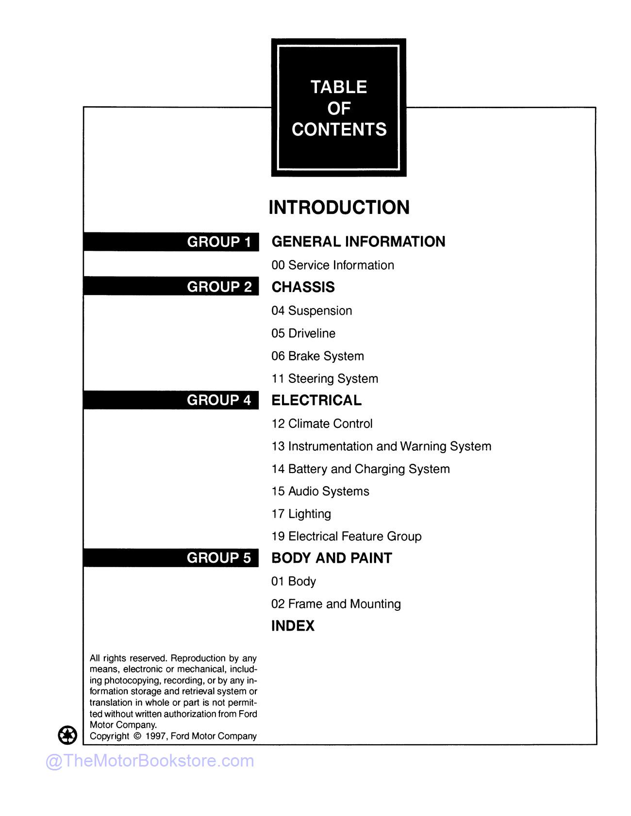 1998 Ford F-150, F-250 Truck Workshop Manual  - Table of Contents 1