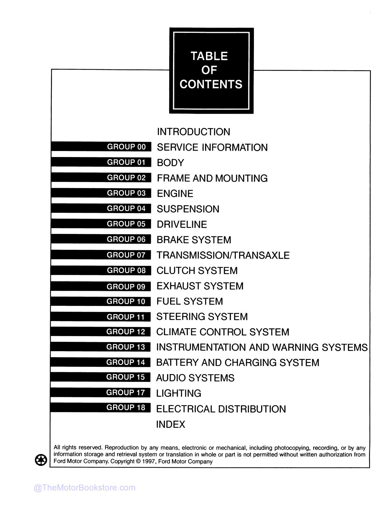 1998 Ford Mustang Service Manual  - Table of Contents