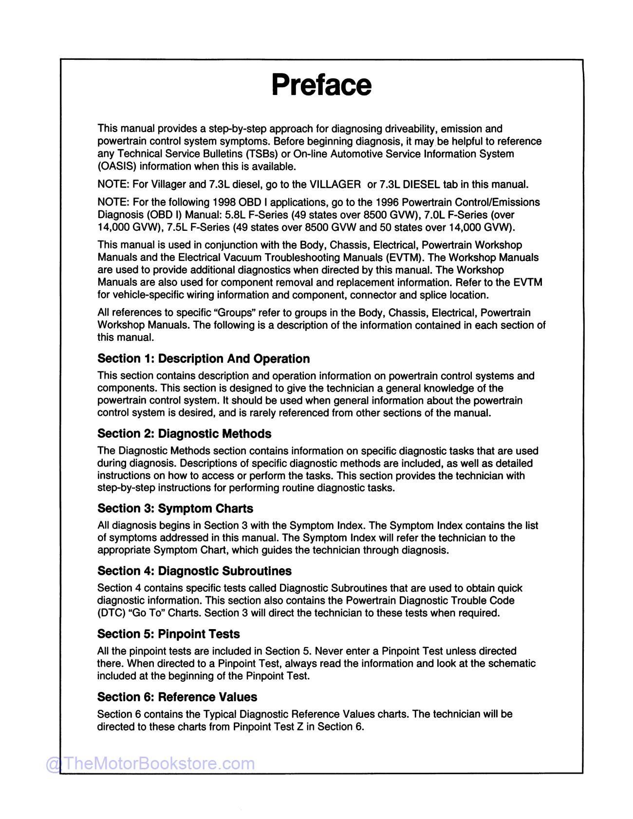 1998 Ford Powertrain / Emissions Diagnosis Service Manual - Cars & Trucks  - Table of Contents