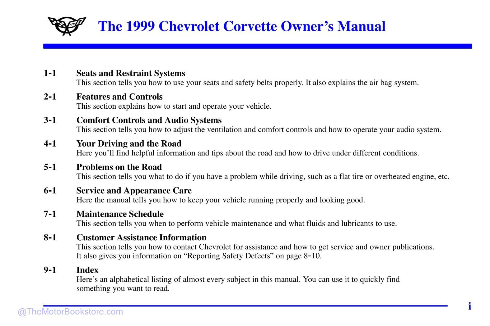 1999 Chevrolet Corvette Owner's Manual - Table of Contents 1999 Chevrolet Corvette Owner's Manual - Table of Contents
