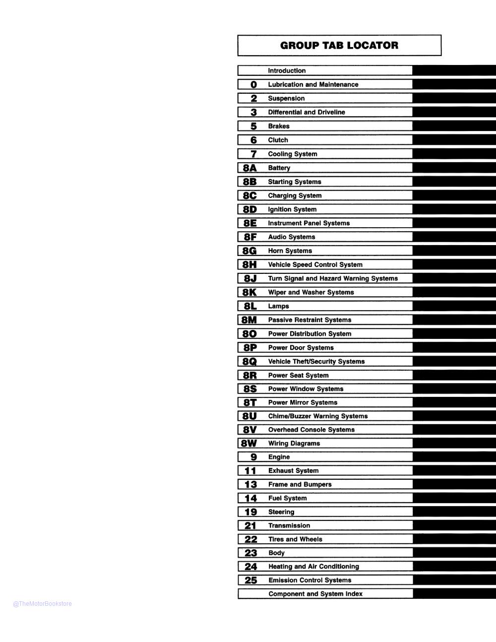 1999 Dodge Dakota Truck Shop Manual  - Table of Contents