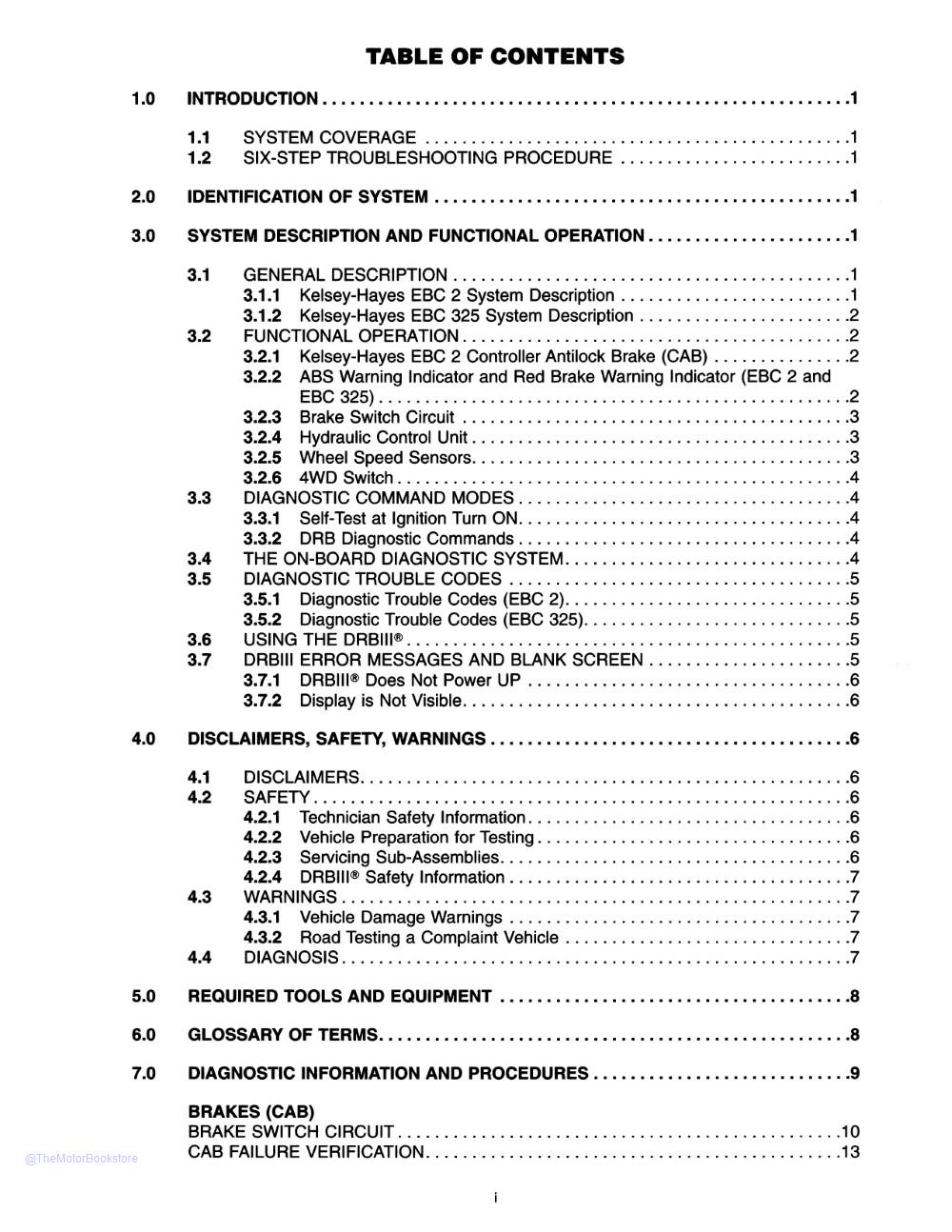 1999 Dodge Ram Truck Chassis Diagnostic Manual Supplement  - Table of Contents 1