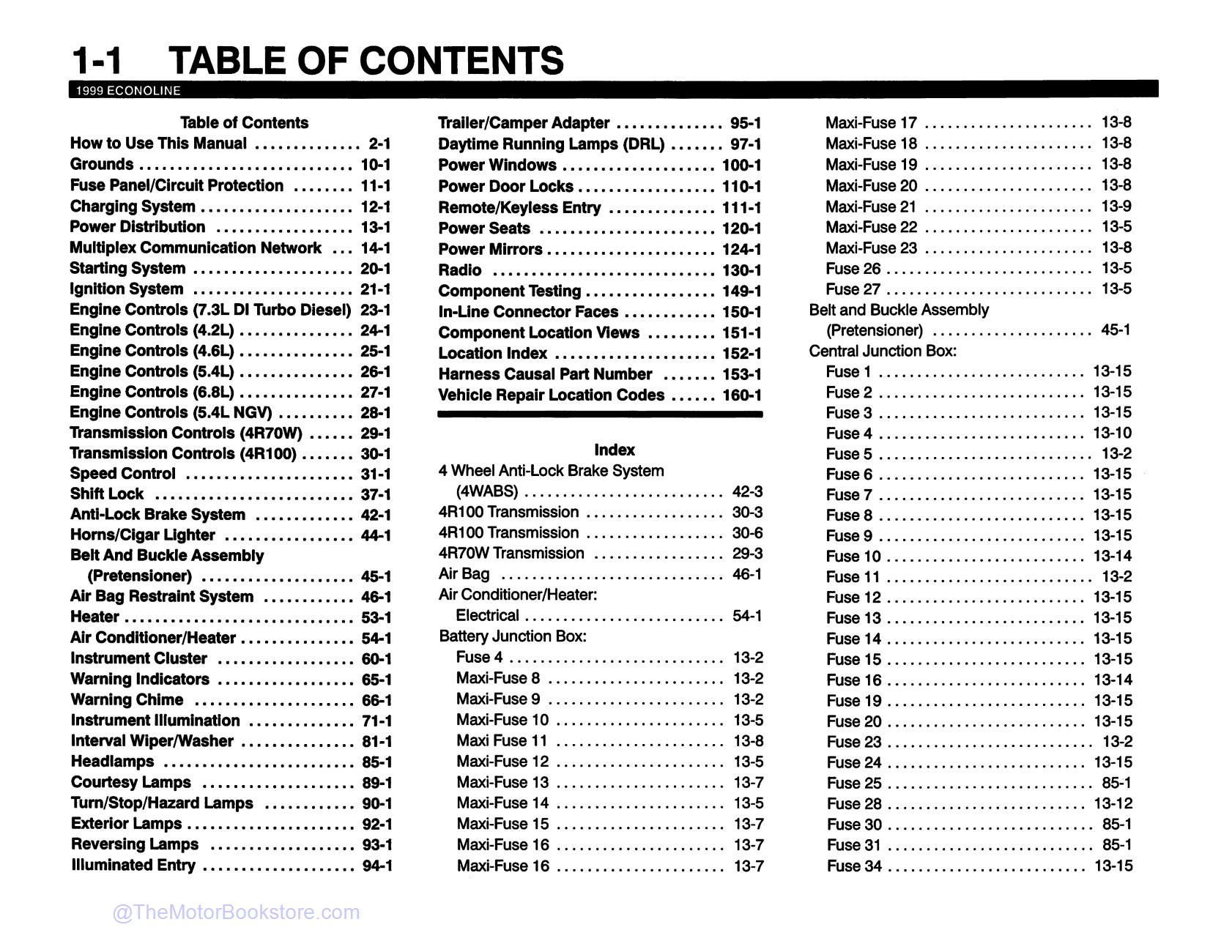 1999 Ford Econoline Club Wagon Wiring Diagrams  - Table of Contents 1