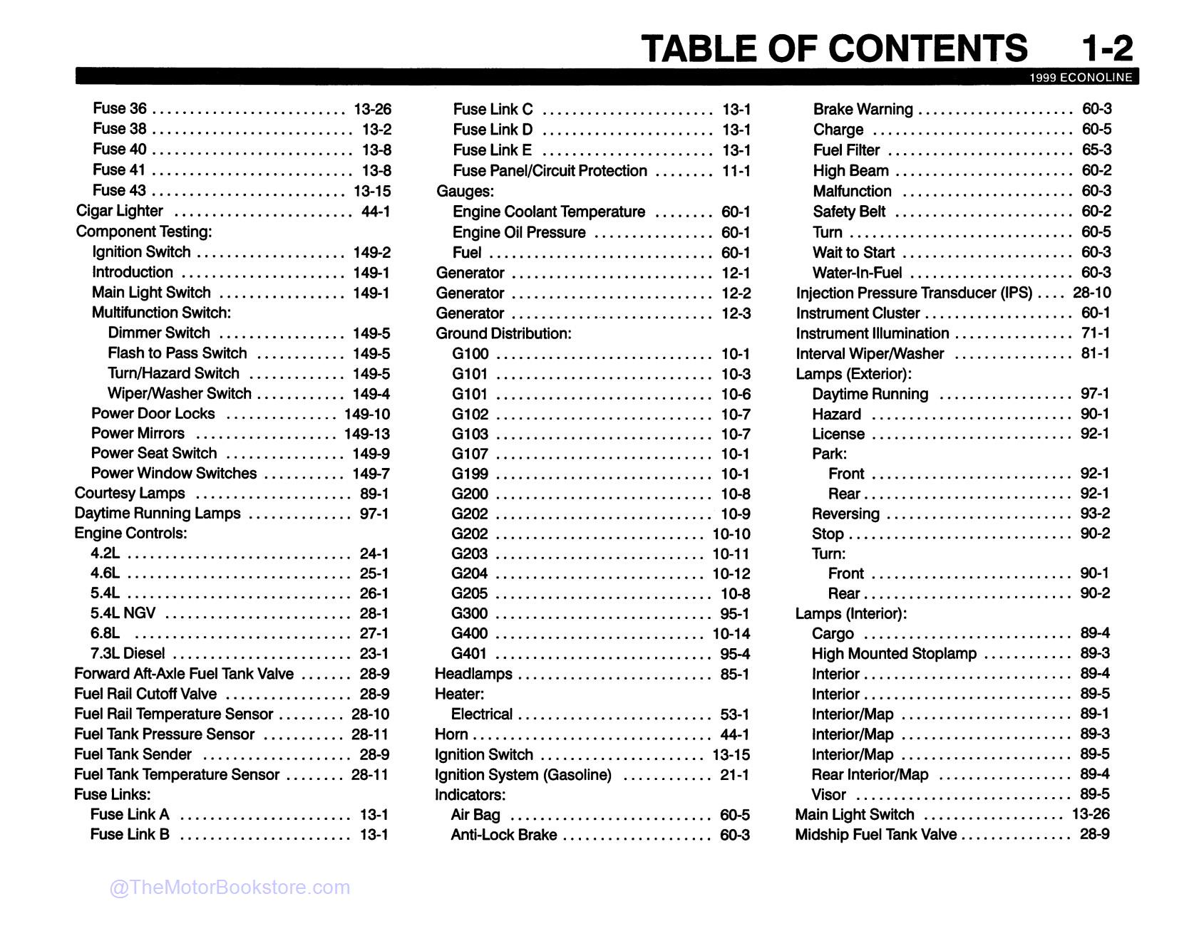 1999 Ford Econoline Club Wagon Wiring Diagrams  - Table of Contents 2