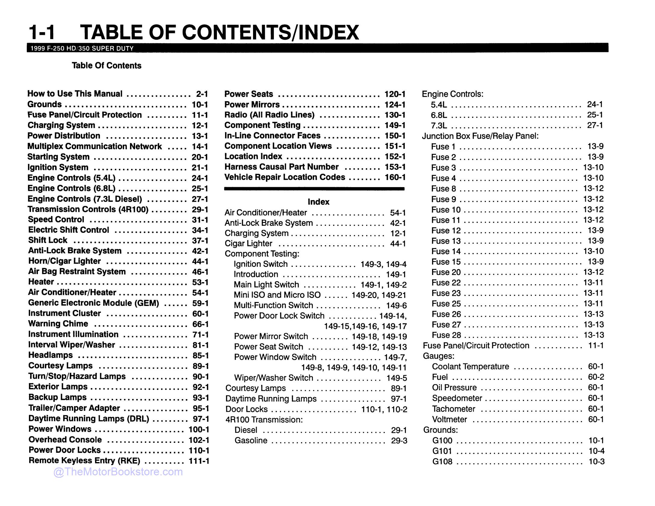 1999 Ford F-Super Duty 250, 350-550 Truck Wiring Diagrams  - Table of Contents 1